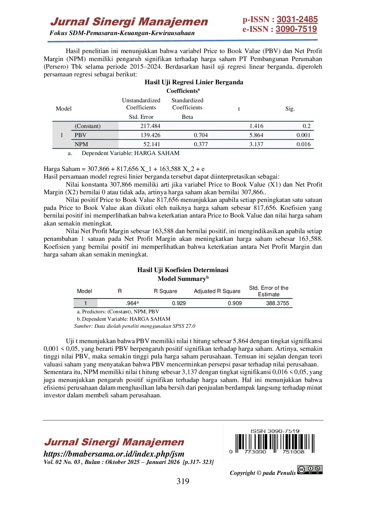 JURIS Pengaruh Price to Book Value PBV dan Net Profit Margin NPM terhadap Harga Saham pada PT Pembangunan Perumahan Persero Tbk Periode 2015 2024