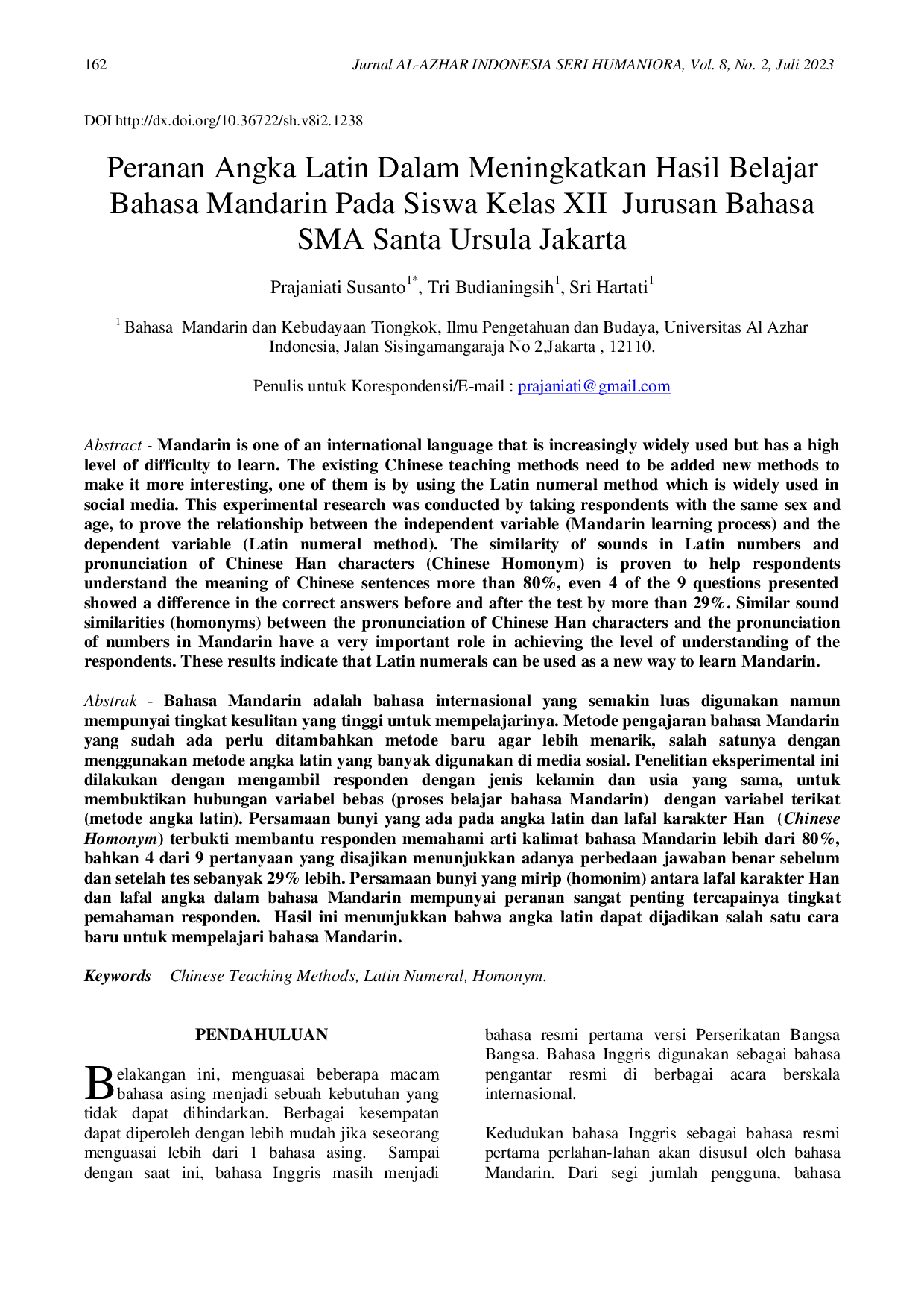 JURIS Peranan Angka Latin Dalam Meningkatkan Hasil Belajar Bahasa Mandarin Pada Siswa Kelas XII Jurusan Bahasa SMA Santa Ursula Jakarta