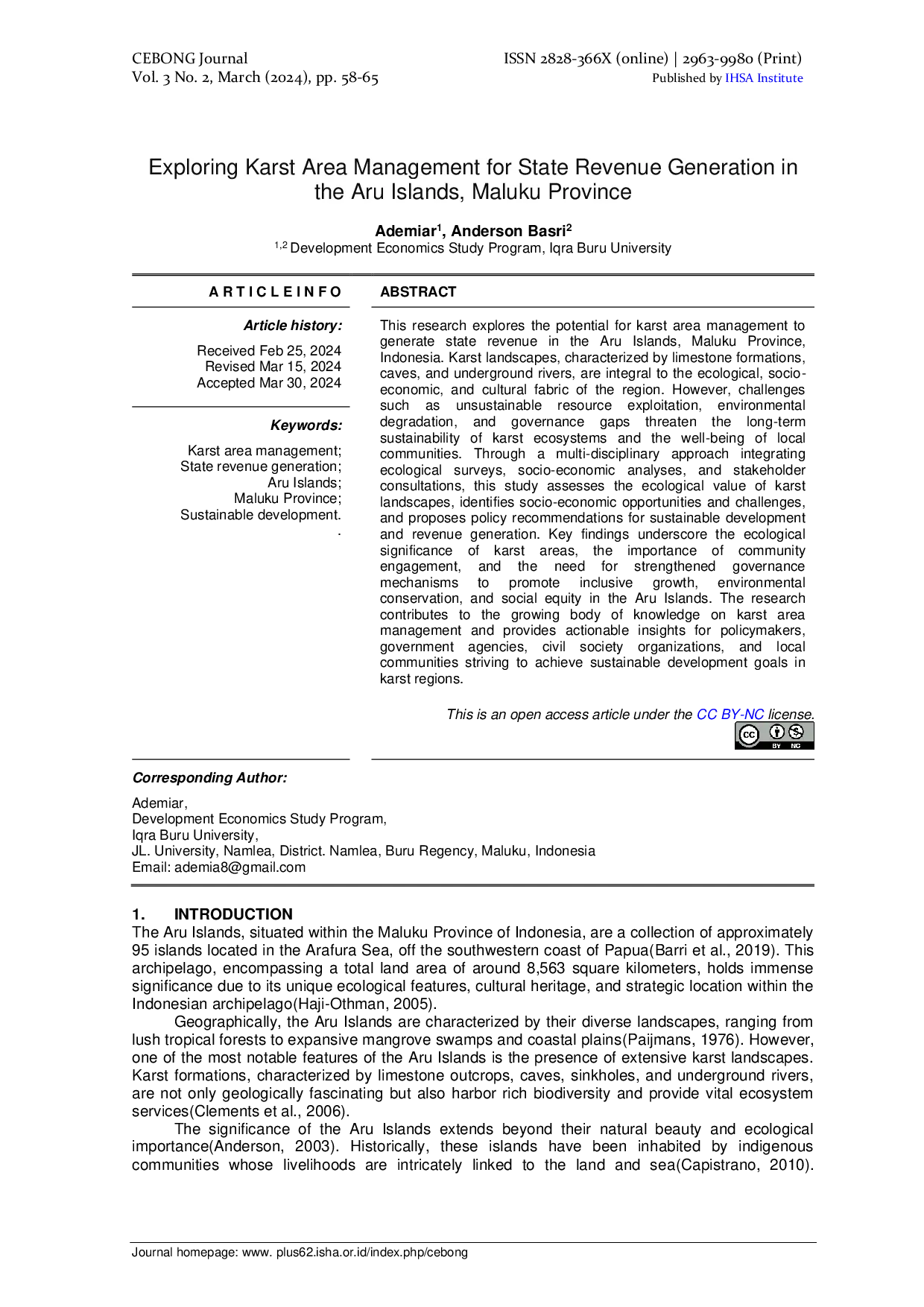 JURIS Exploring Karst Area Management for State Revenue Generation in the Aru Islands Maluku Province