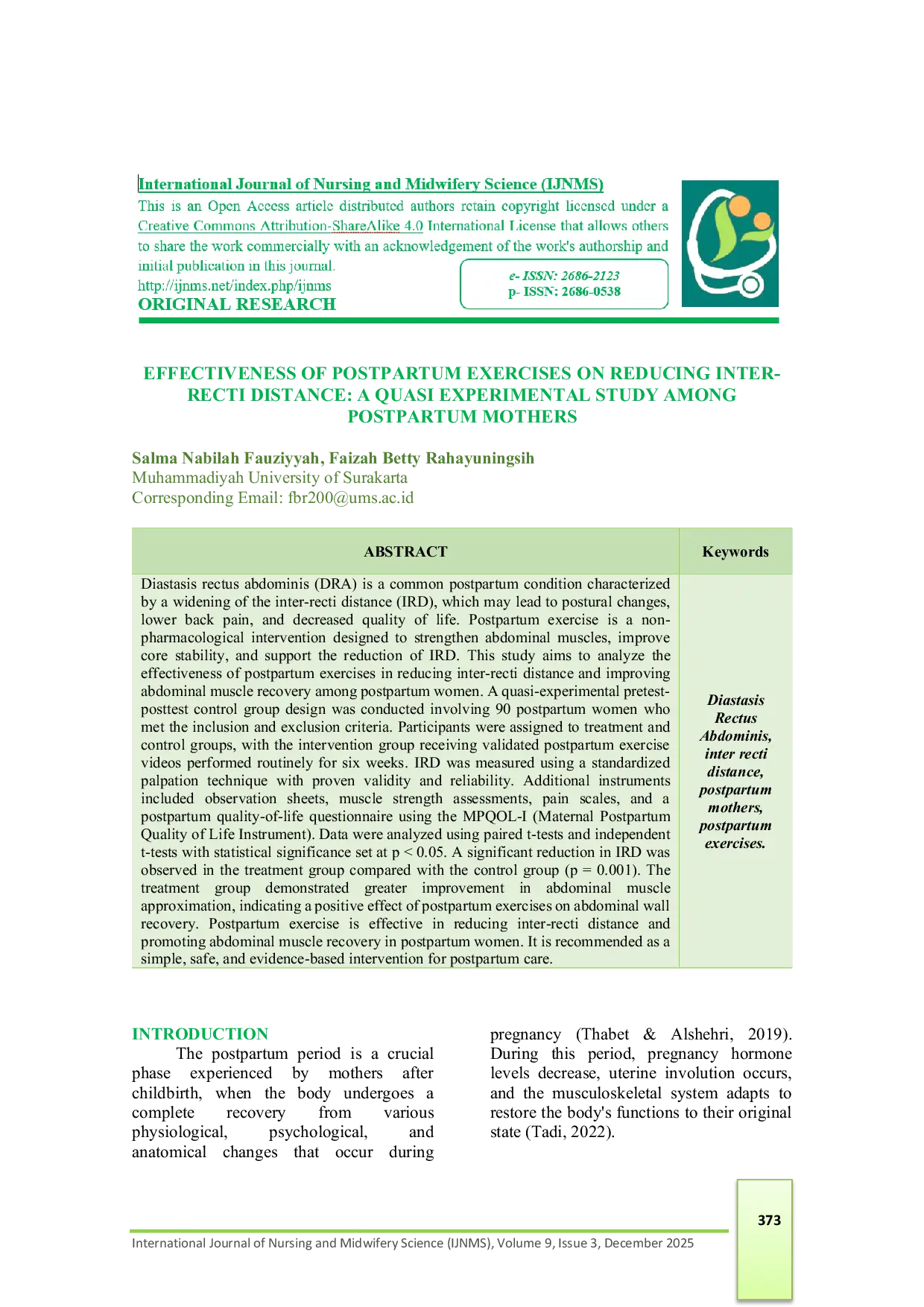 JURIS Effectiveness of Postpartum Exercises on Reducing Inter Recti Distance A Quasi Experimental Study Among Postpartum Mothers