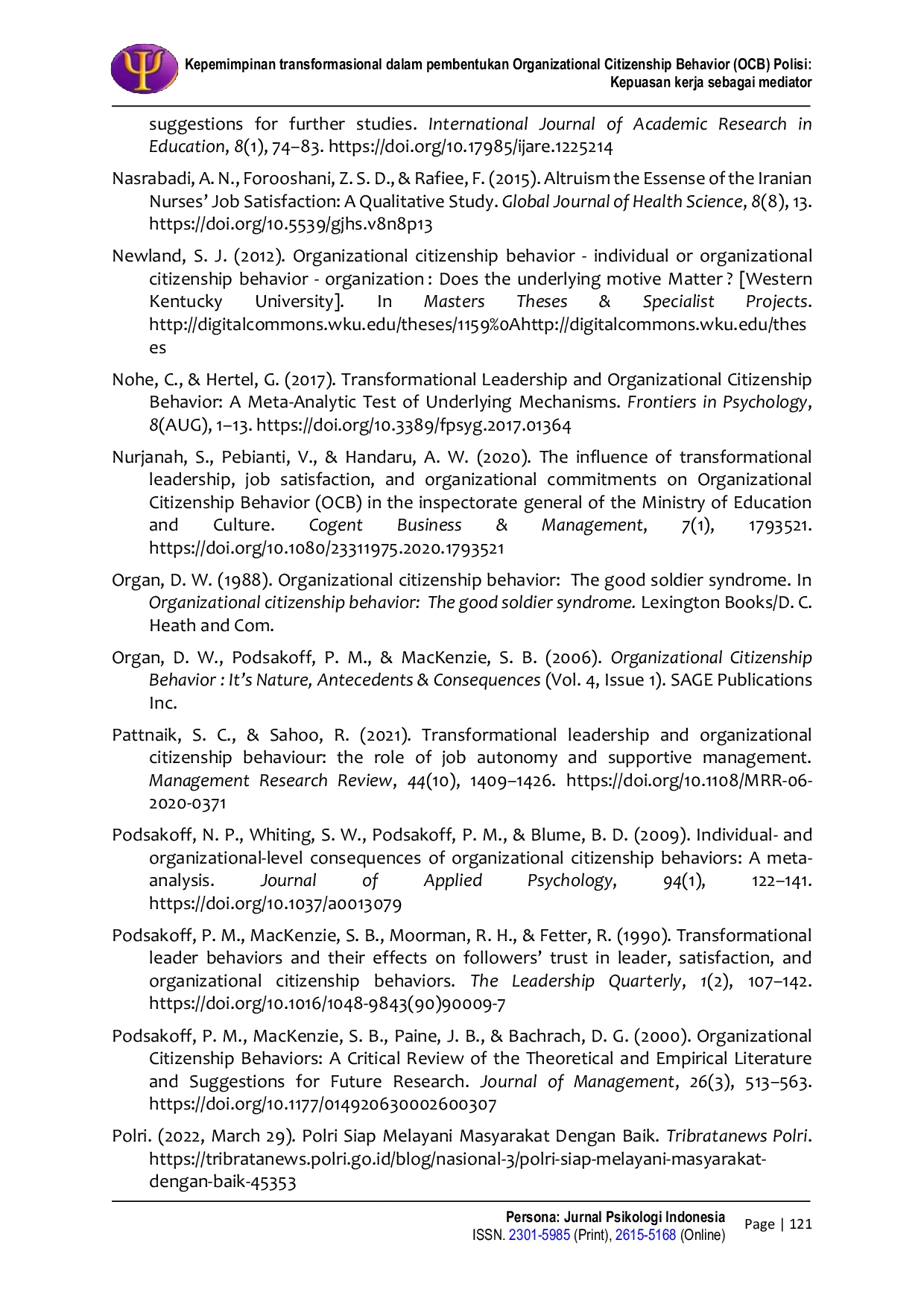JURIS Kepemimpinan transformasional dalam pembentukan Organizational Citizenship Behavior OCB Polisi Kepuasan kerja sebagai mediator
