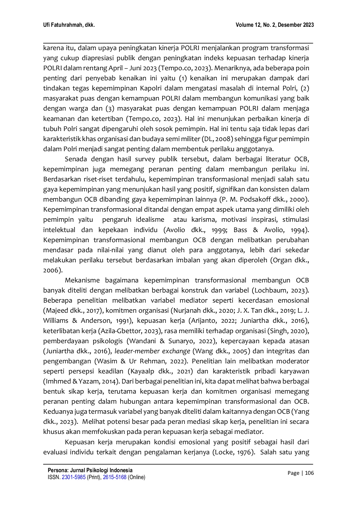 JURIS Kepemimpinan transformasional dalam pembentukan Organizational Citizenship Behavior OCB Polisi Kepuasan kerja sebagai mediator