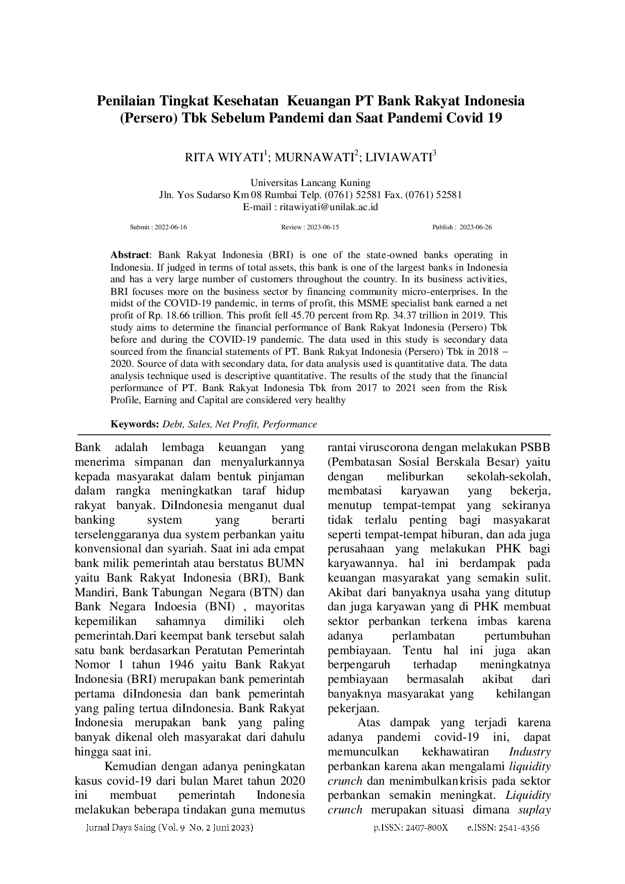 juris PENILAIAN TINGKAT KESEHATAN KEUANGAN PT BANK RAKYAT INDONESIA PERSERO Tbk SEBELUM PANDEMI DAN SAAT PANDEMI COVID 19
