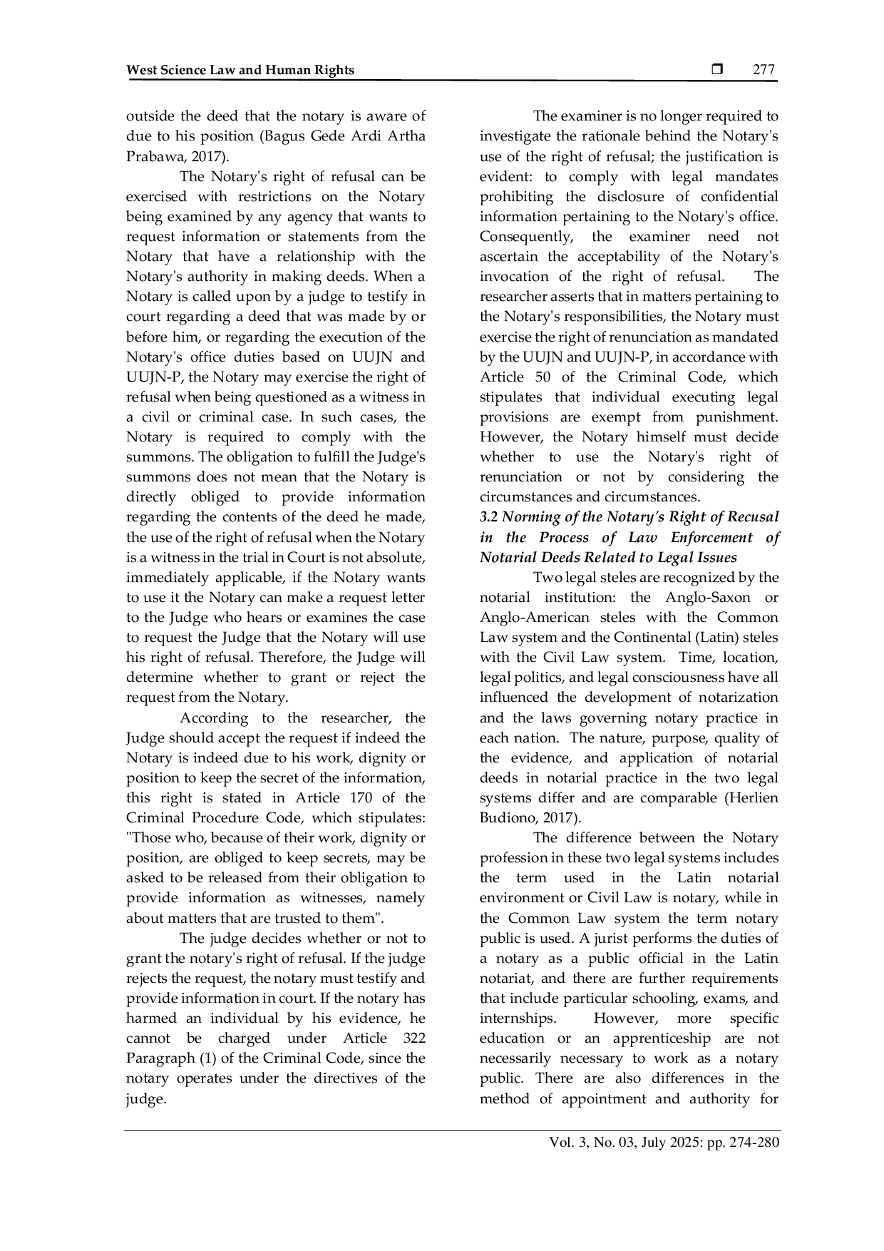 JURIS Formulation of Notary s Right of Refusal In Criminal Case Examination Process