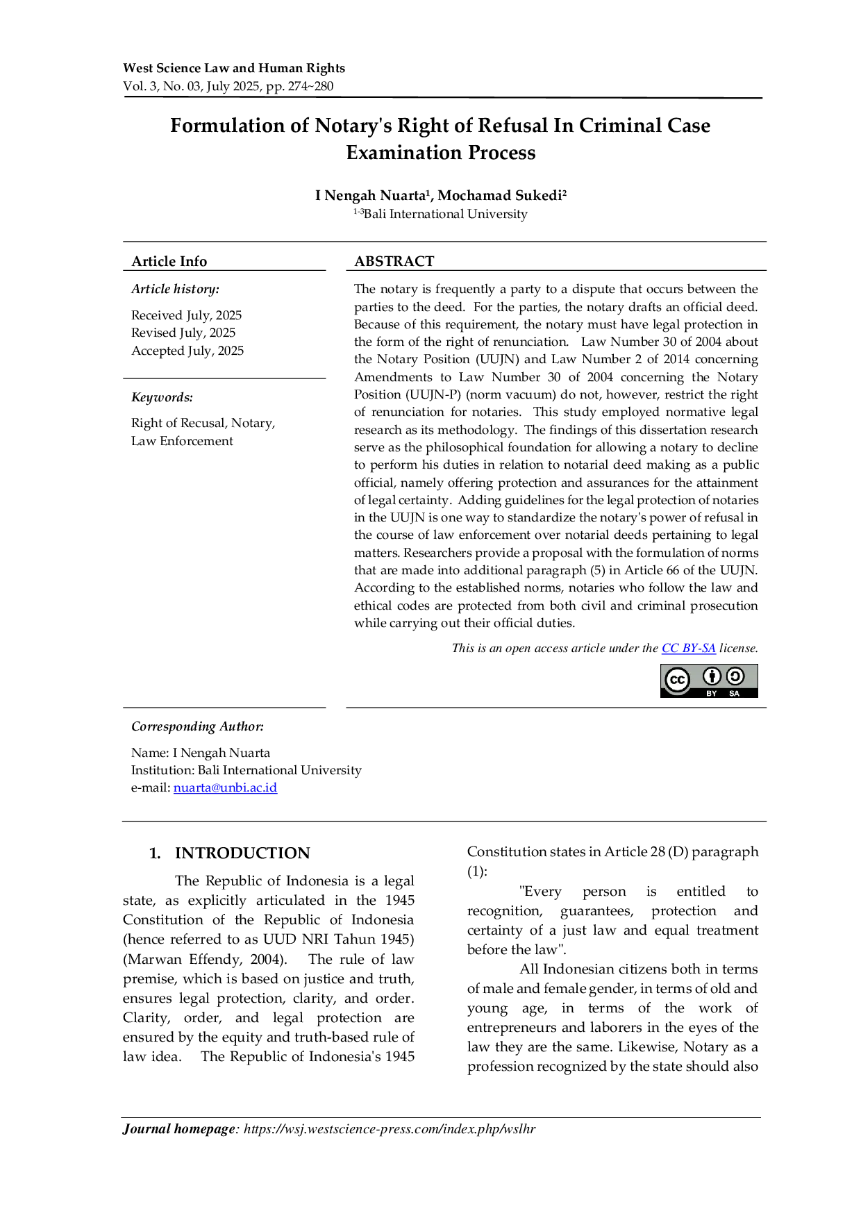 JURIS Formulation of Notary s Right of Refusal In Criminal Case Examination Process