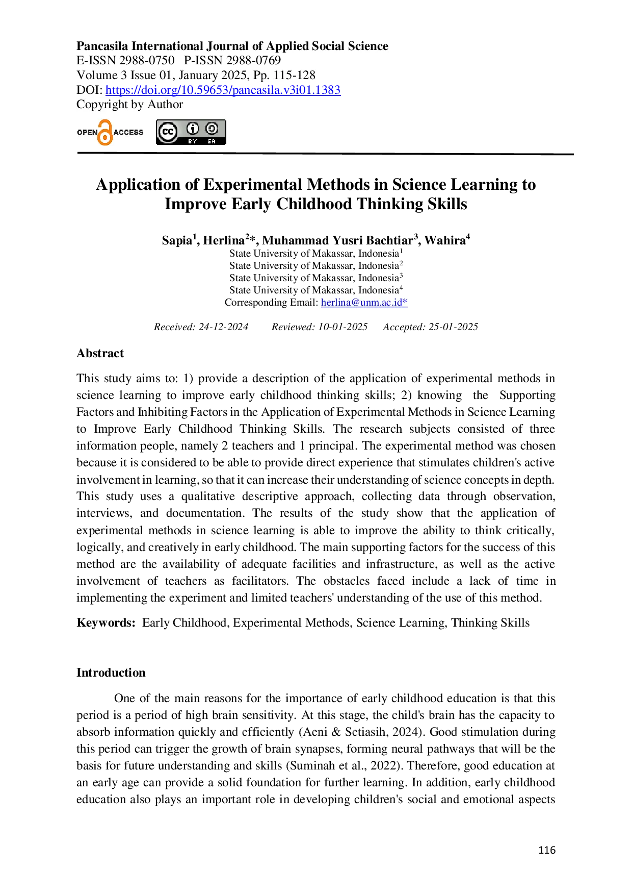 JURIS Application of Experimental Methods in Science Learning to Improve Early Childhood Thinking Skills