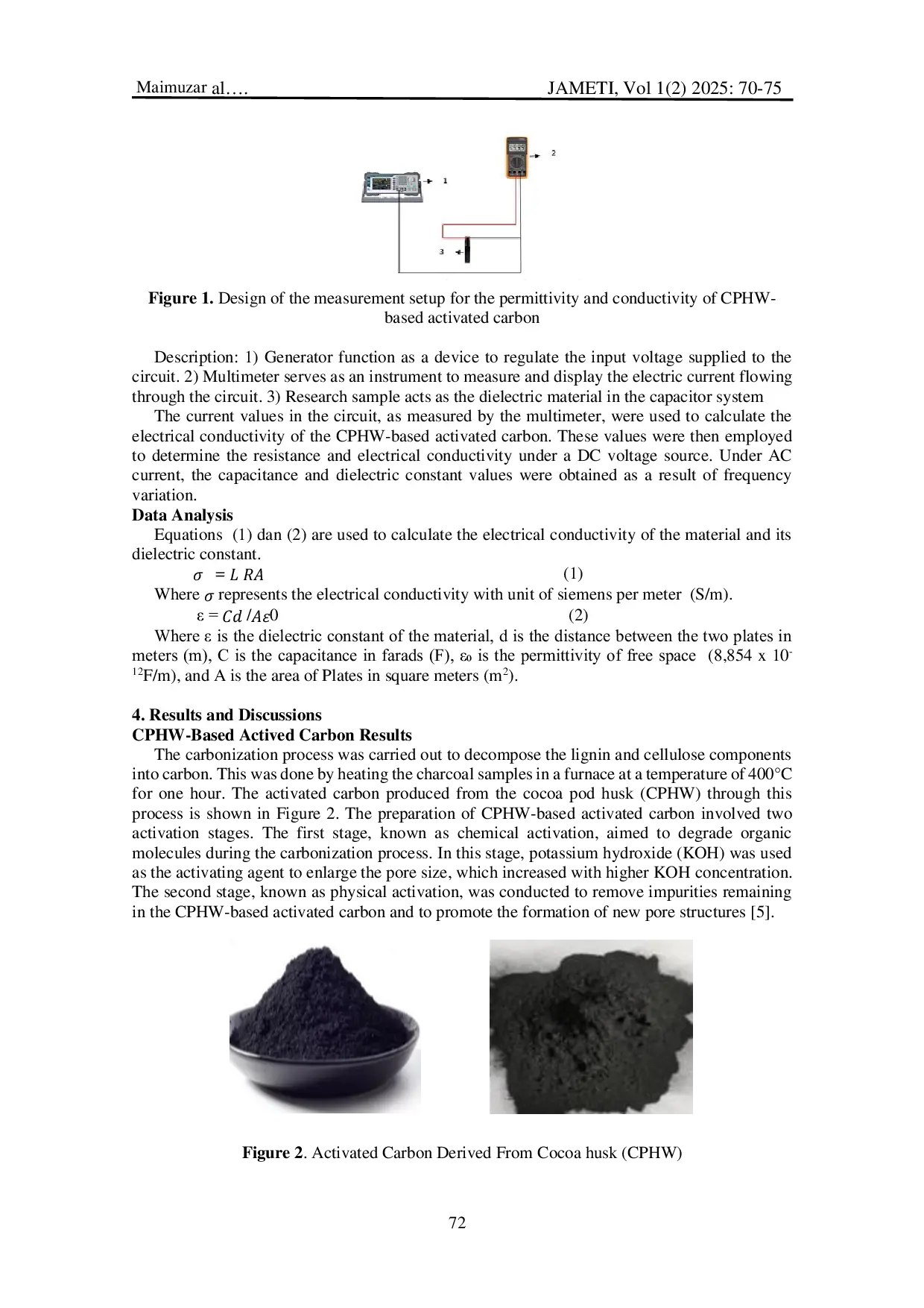 JURIS Measurement and Electrical Conductivity of Cocoa Pod Husk Based Activated Carbon as an Alternative Battery Mixture Material