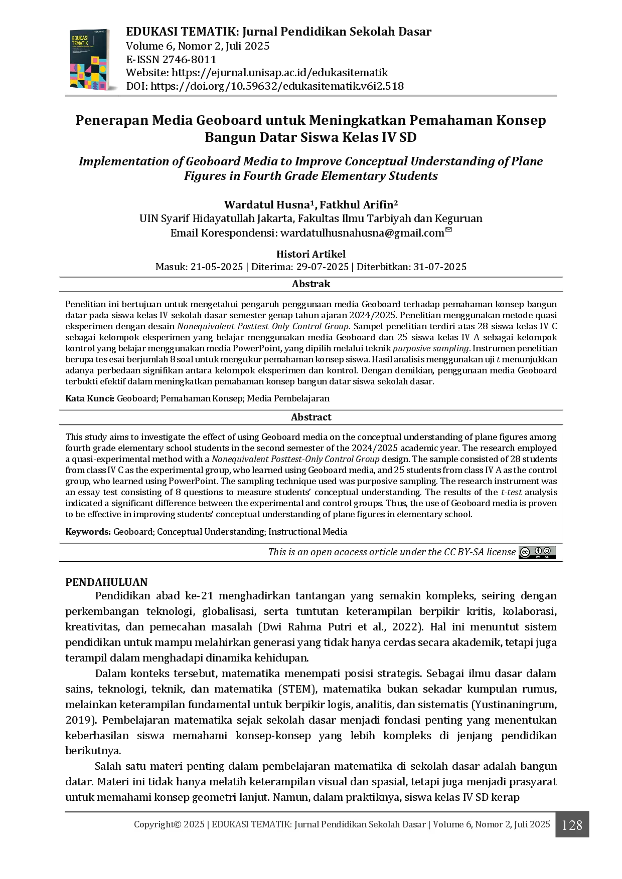 juris Penerapan Media Geoboard untuk Meningkatkan Pemahaman Konsep Bangun Datar Siswa Kelas IV SD