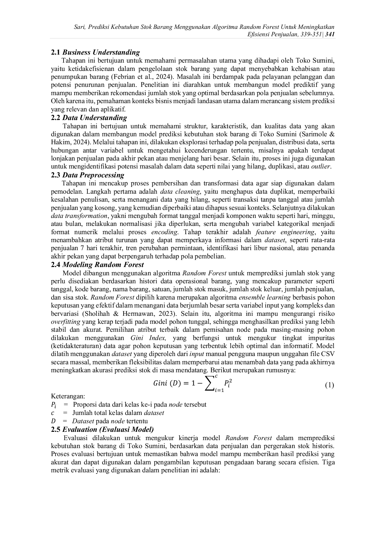 JURIS Prediksi Kebutuhan Stok Barang Menggunakan Algoritma Random Forest Untuk Meningkatkan Efisiensi Penjualan