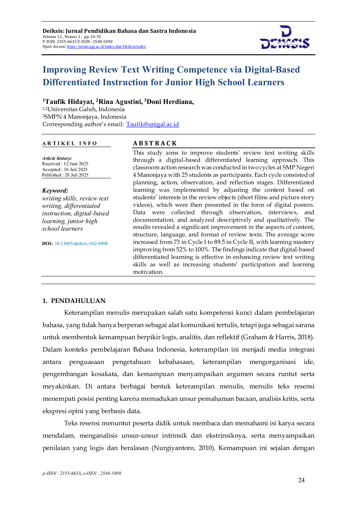 JURIS Improving Review Text Writing Competence via Digital Based Differentiated Instruction for Junior High School Learners