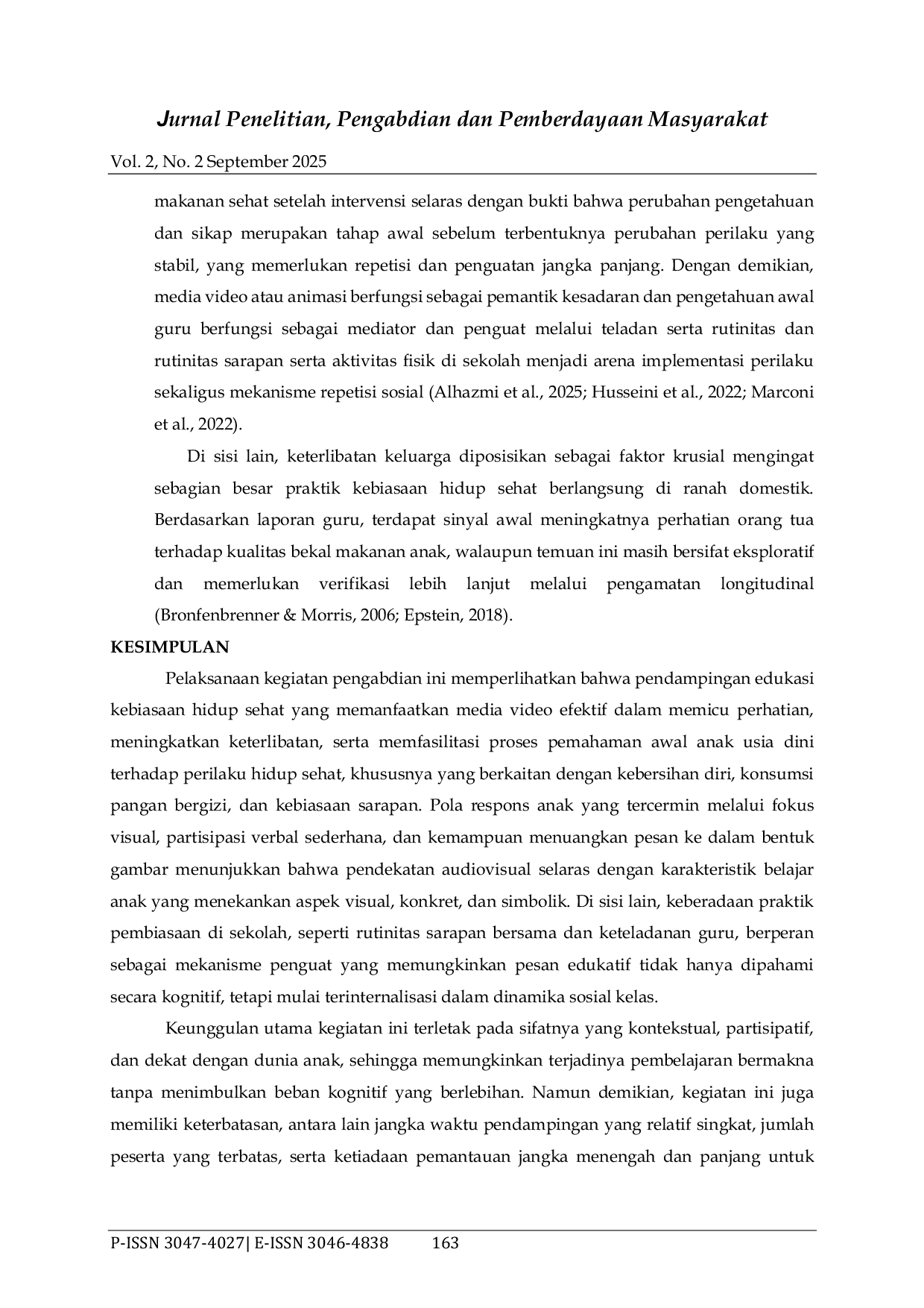 JURIS Pendampingan Edukasi Kebiasaan Hidup Sehat Berbasis Media Video pada Anak Usia Dini