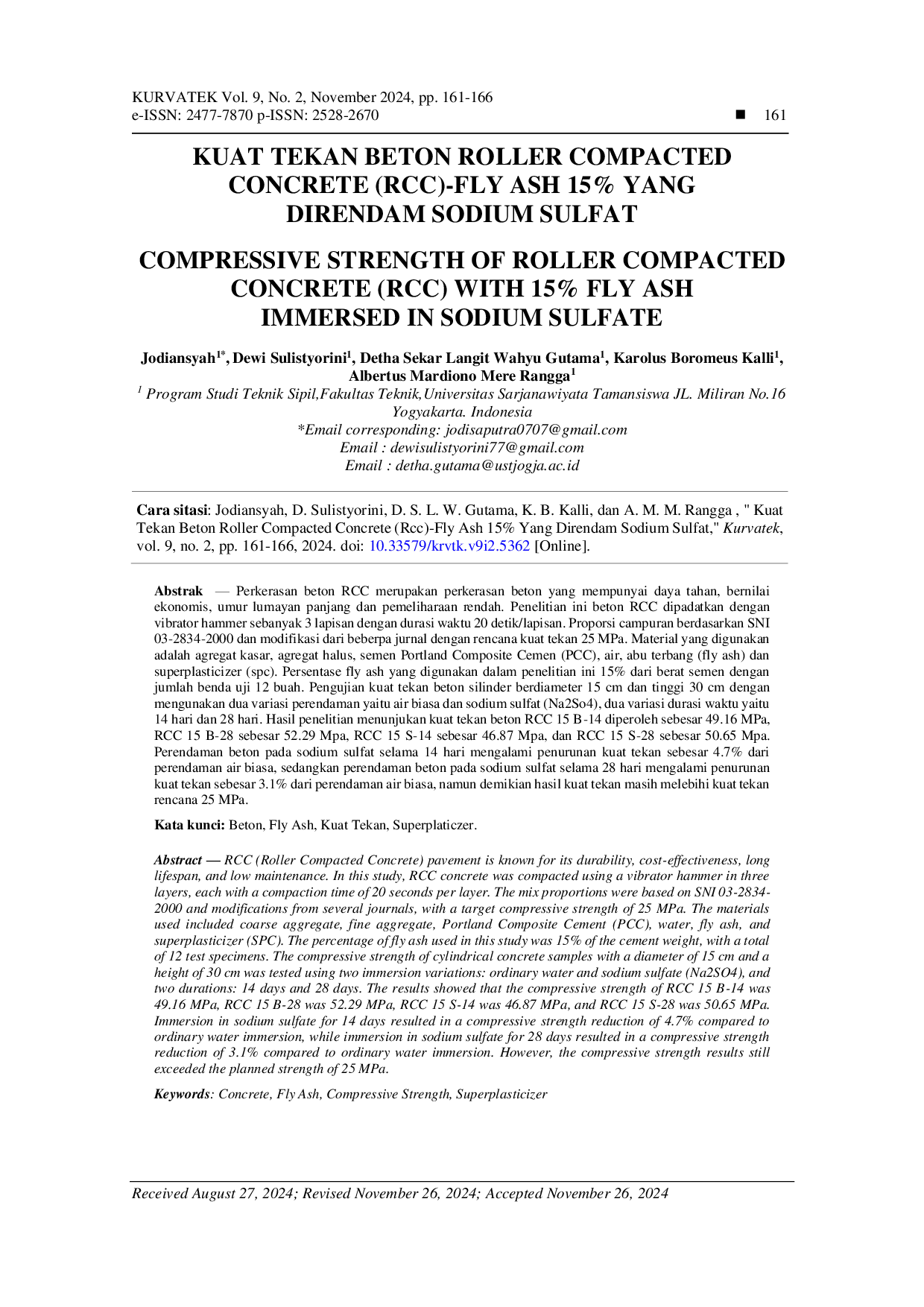 JURIS Kuat Tekan Beton Roller Compacted Concrete RCC Fly Ash 15 Yang Direndam Sodium Sulfat