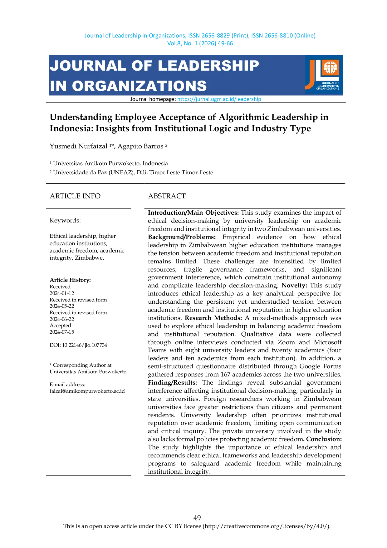 JURIS Understanding Employee Acceptance of Algorithmic Leadership in Indonesia Insights from Institutional Logic and Industry Type
