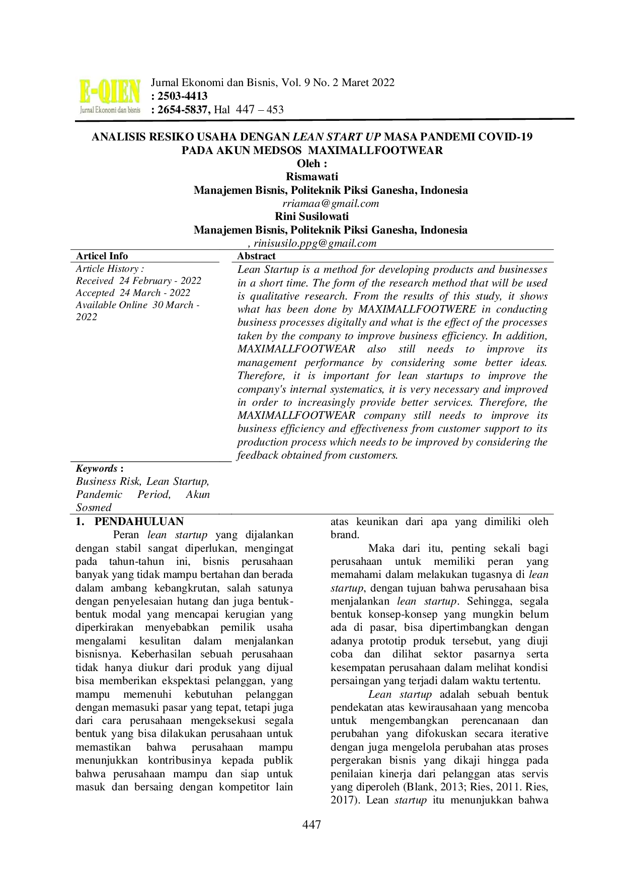 JURIS Analisis Resiko Usaha Dengan Lean Startup Masa Pandemi Covid 19 Pada Akun Medsos Maximalfootwear