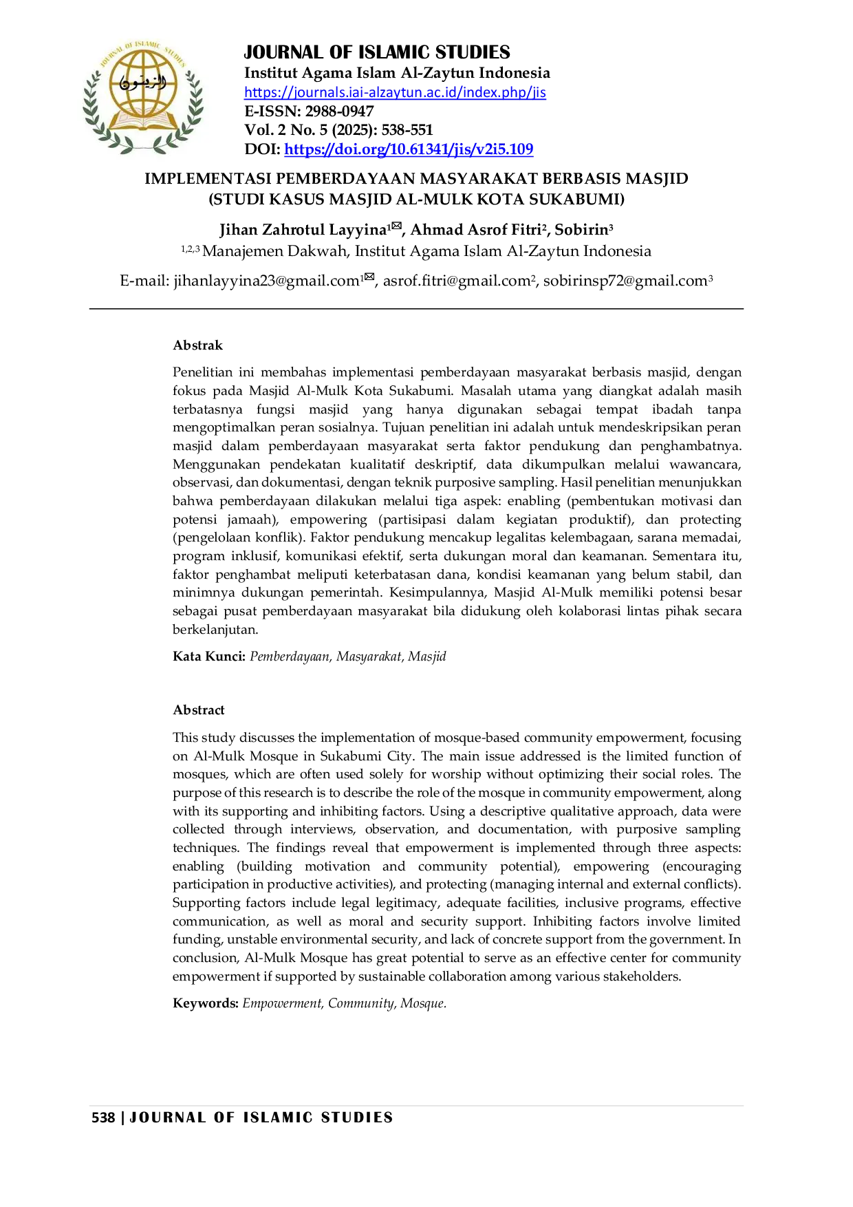 JURIS Implementasi Pemberdayaan Masyarakat Berbasis Masjid Studi Kasus Masjid Al Mulk Kota Sukabumi