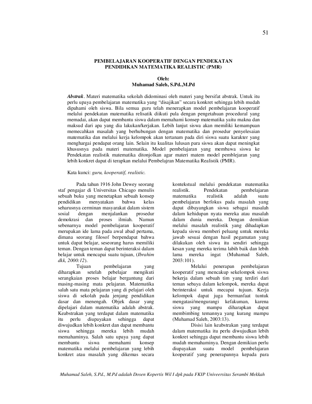 JURIS Pembelajaran Kooperatif dengan Pendekatan Pendidikan Matematika Realistic PMR