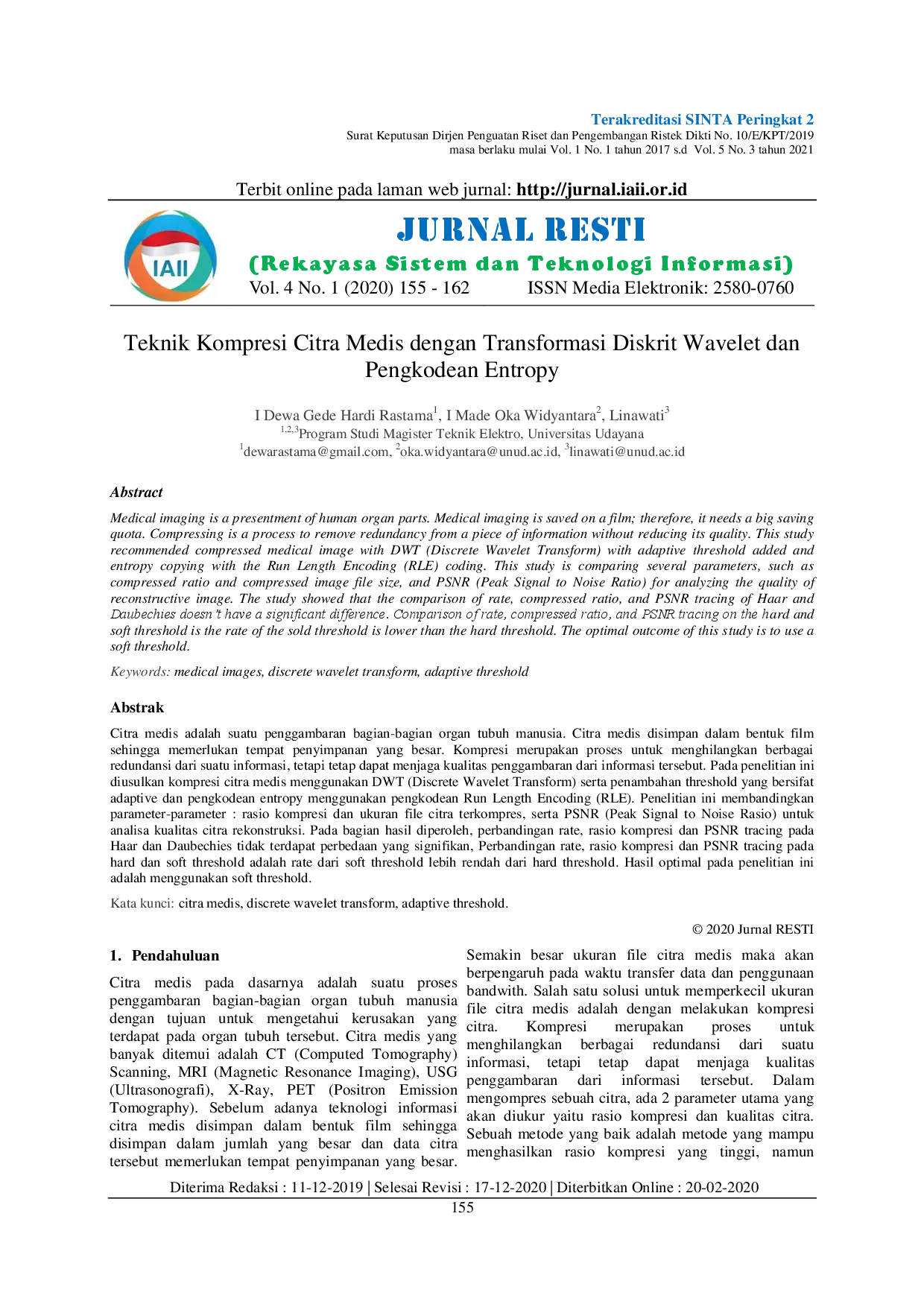 JURIS Teknik Kompresi Citra Medis dengan Transformasi Diskrit Wavelet dan Pengkodean Entropy