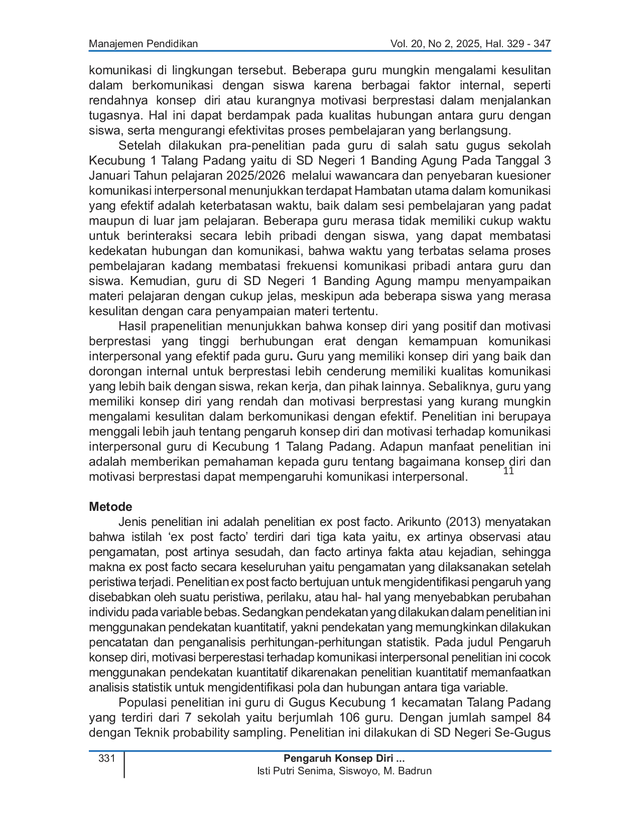 JURIS Pengaruh Konsep Diri dan Motivasi Berprestasi Terhadap Komunikasi Interpersonal Guru SD Negeri Se Gugus Kecubung 1 Talang Padang