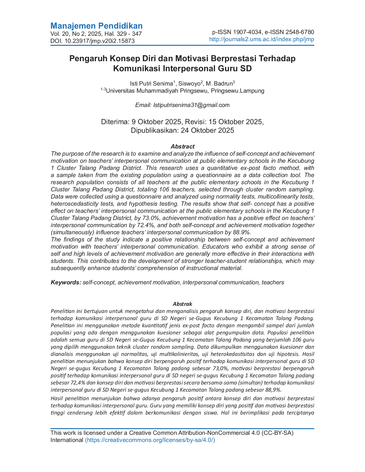 JURIS Pengaruh Konsep Diri dan Motivasi Berprestasi Terhadap Komunikasi Interpersonal Guru SD Negeri Se Gugus Kecubung 1 Talang Padang
