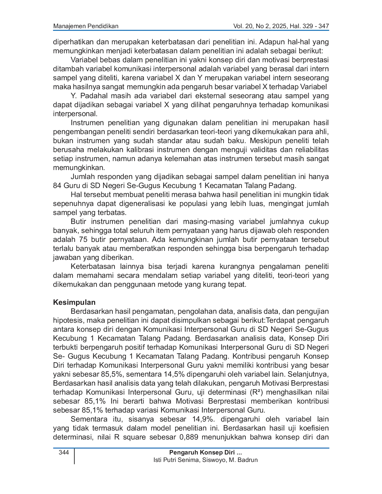 JURIS Pengaruh Konsep Diri dan Motivasi Berprestasi Terhadap Komunikasi Interpersonal Guru SD Negeri Se Gugus Kecubung 1 Talang Padang