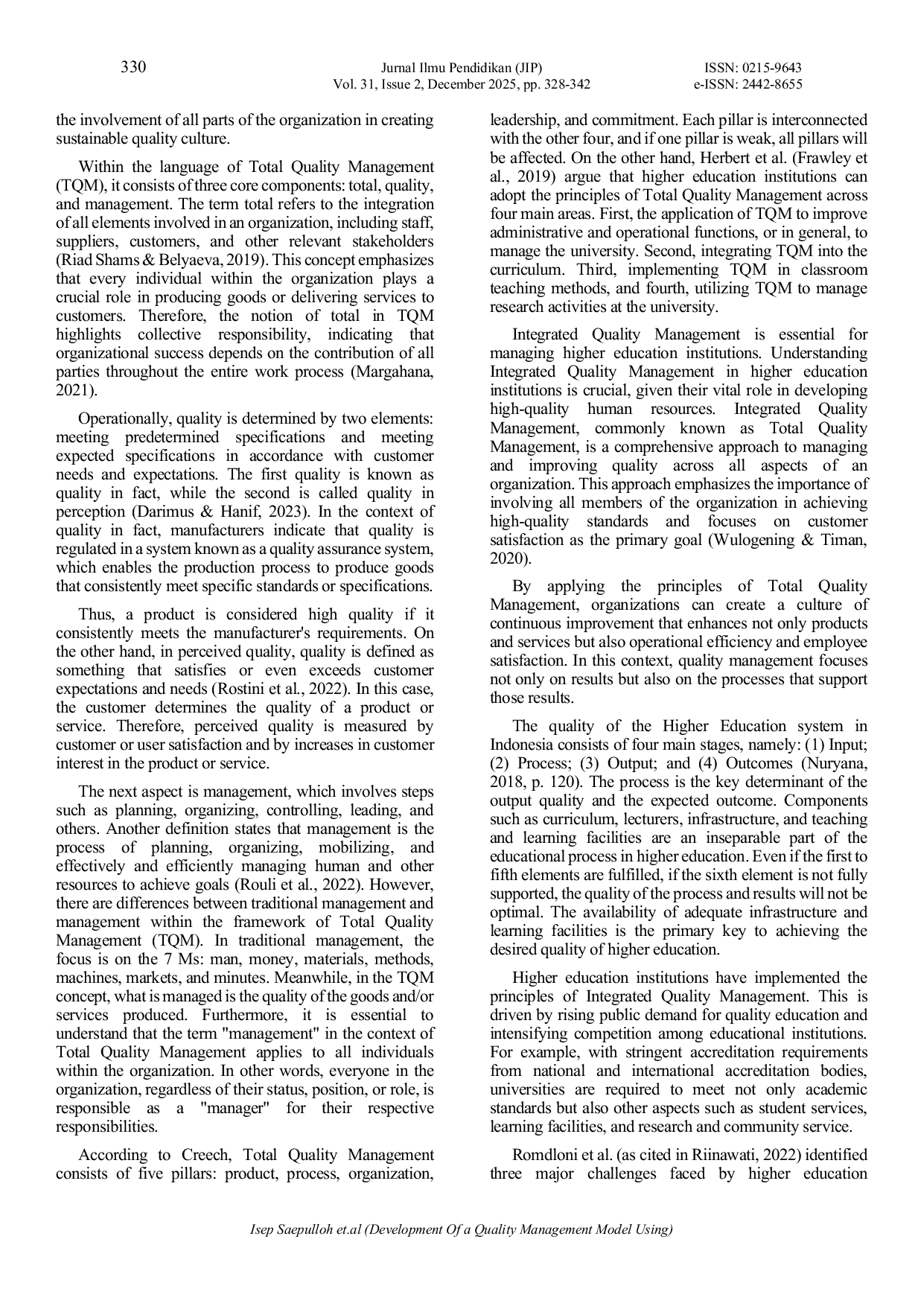 JURIS Development Of A Quality Management Model Using The Synthesis Framework Approach at The Association of Universities