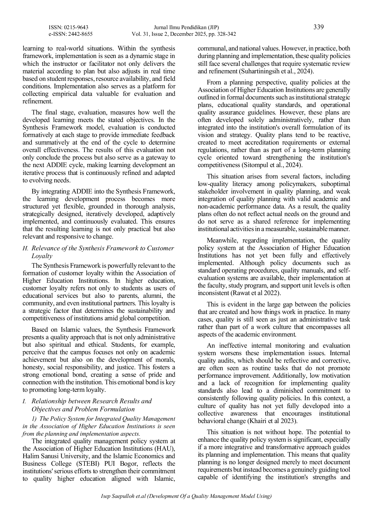 JURIS Development Of A Quality Management Model Using The Synthesis Framework Approach at The Association of Universities
