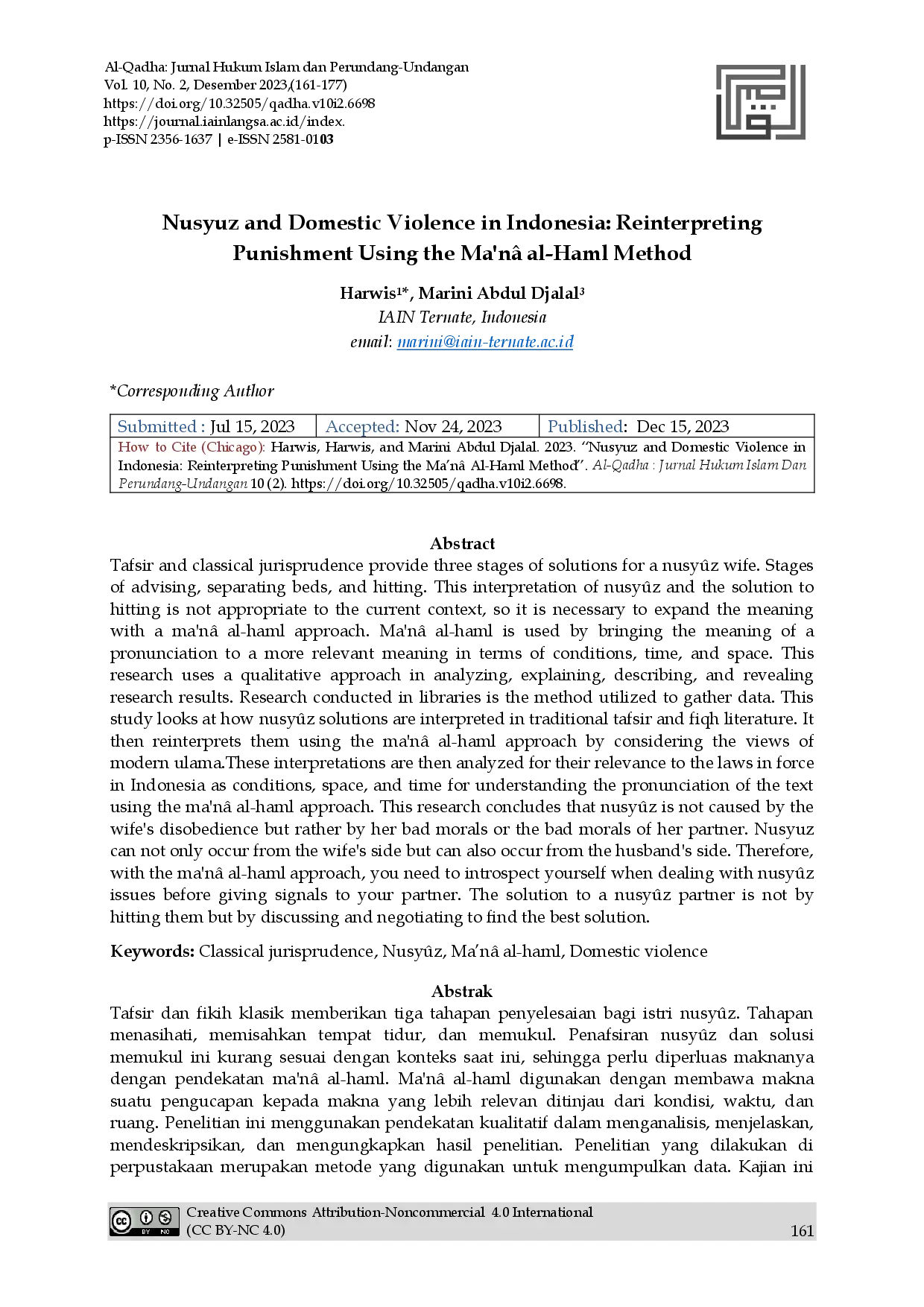 juris Nusyuz and Domestic Violence in Indonesia Reinterpreting Punishment Using the Ma n al Haml Method