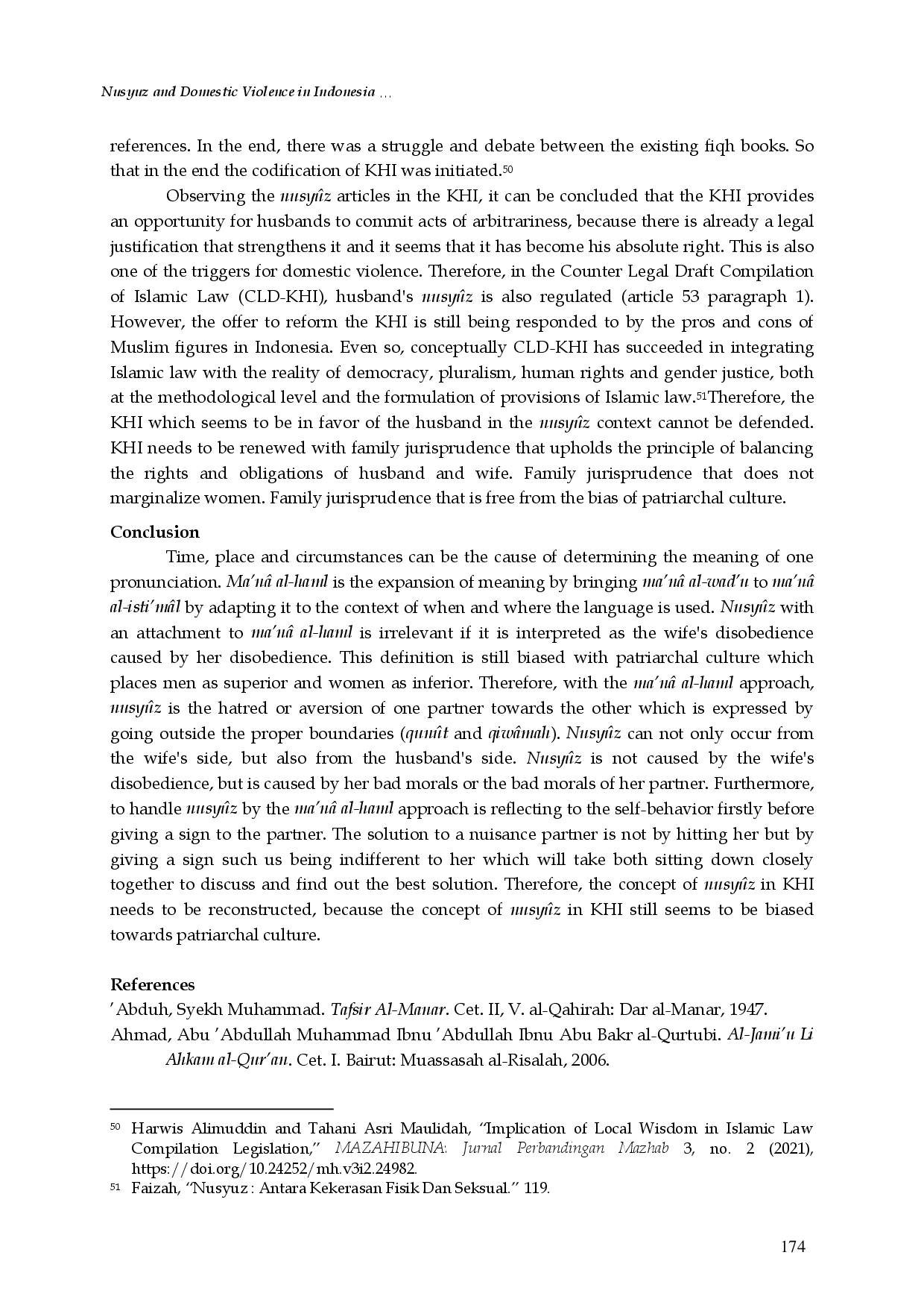 juris Nusyuz and Domestic Violence in Indonesia Reinterpreting Punishment Using the Ma n al Haml Method