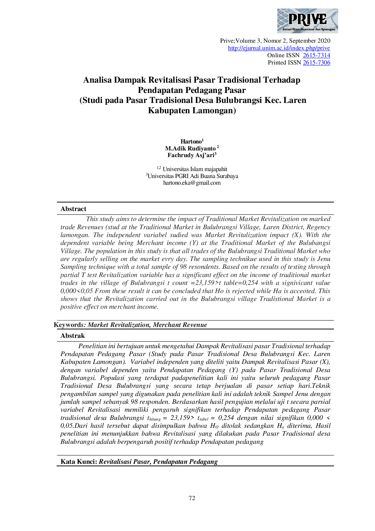 JURIS Analisa Dampak Revitalisasi Pasar Tradisional Terhadap Pendapatan Pedagang Pasar Studi pada Pasar Tradisional Desa Bulubrangsi Kec Laren Kabupaten Lamongan