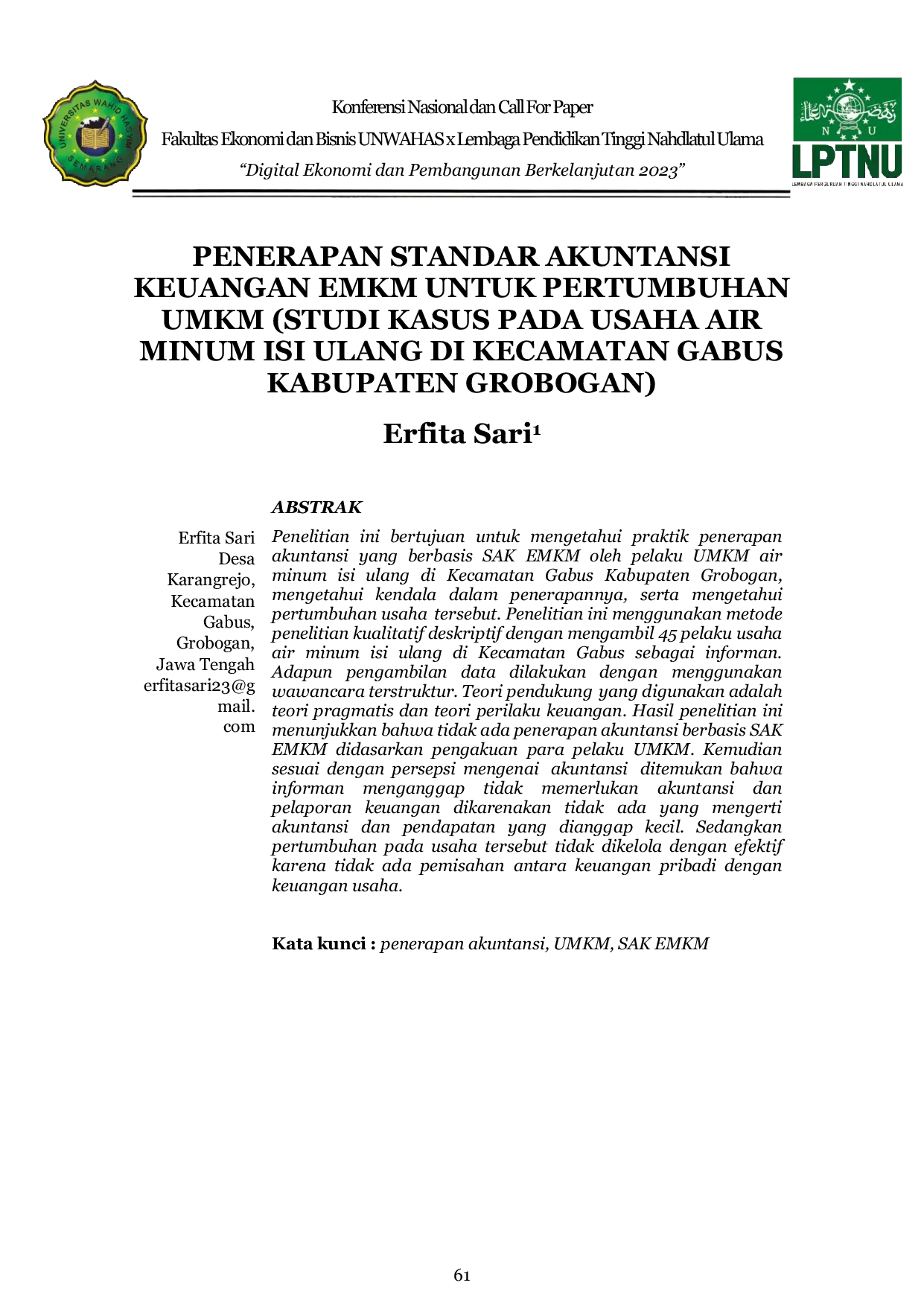 JURIS Penerapan Standar Akuntansi Keuangan EMKM untuk Pertumbuhan UMKM Studi Kasus pada Usaha Air Minum Isi Ulang di Kecamatan Gabus Kabupaten Grobogan
