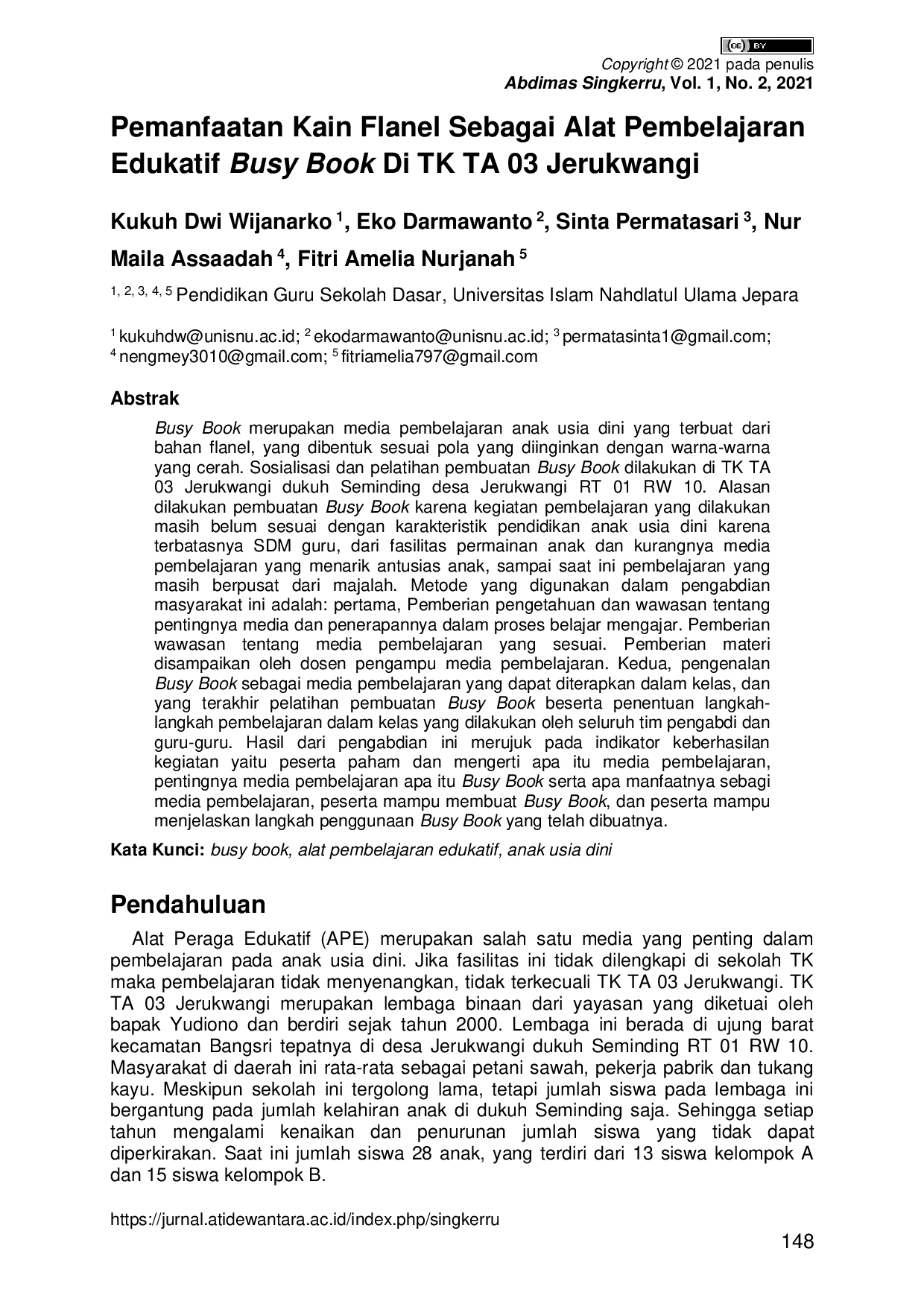 JURIS Pemanfaatan Kain Flanel Sebagai Alat Pembelajaran Edukatif Busy Book Di TK TA 03 Jerukwangi