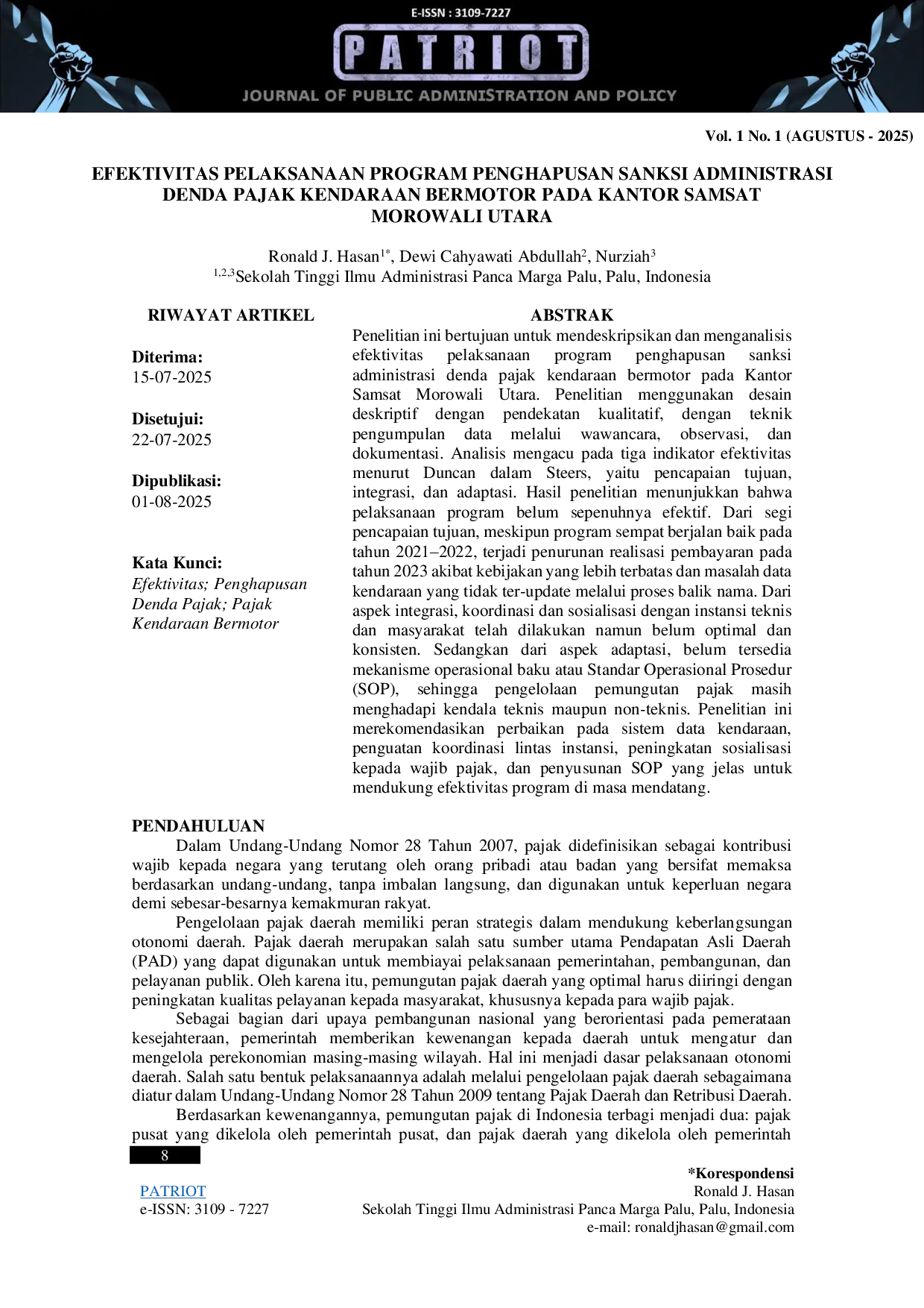 JURIS Efektivitas Pelaksanaan Program Penghapusan Sanksi Administrasi Denda Pajak Kendaraan Bermotor Pada Kantor Samsat Morowali Utara