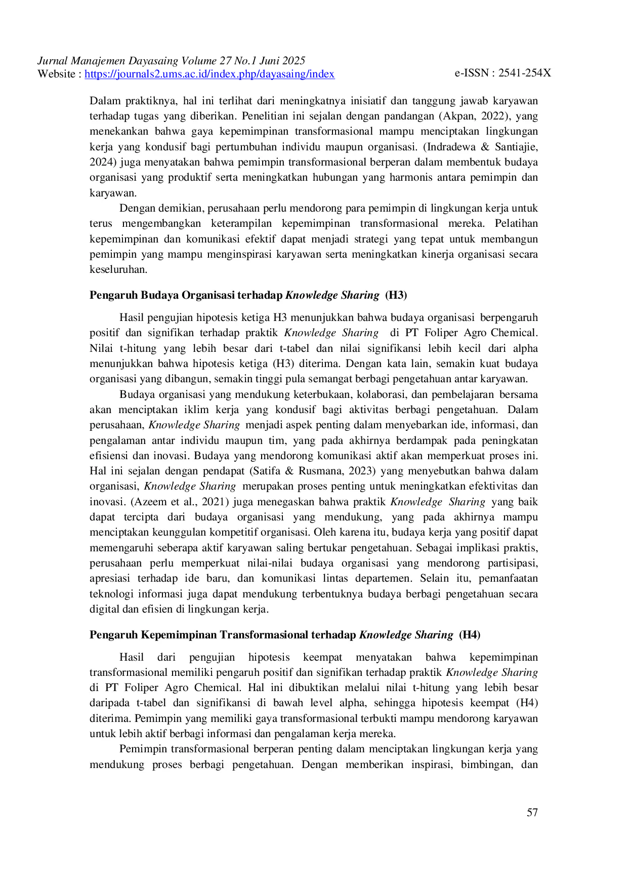 JURIS Pengaruh Budaya Organisasi Dan Kepemimpinan Transformasional Terhadap Kinerja Karyawan Melalui Knowledge Sharing Sebagai Variabel Mediasi Pada Pt Foliper Agro Chemical