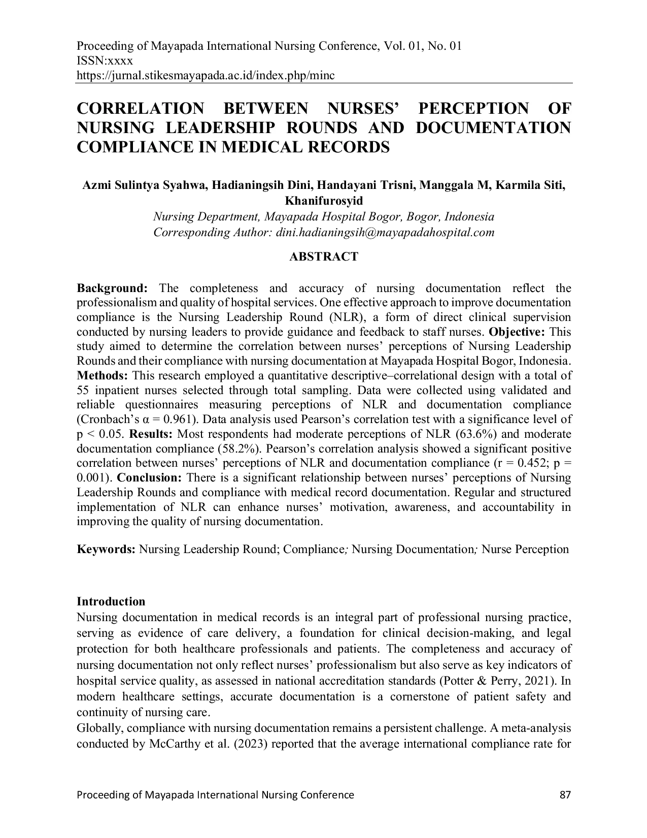 JURIS Korelasi Antara Persepsi Perawat Terhadap Nursing Leadership Rounds Dan Kepatuhan Dokumentasi Rekam Medis