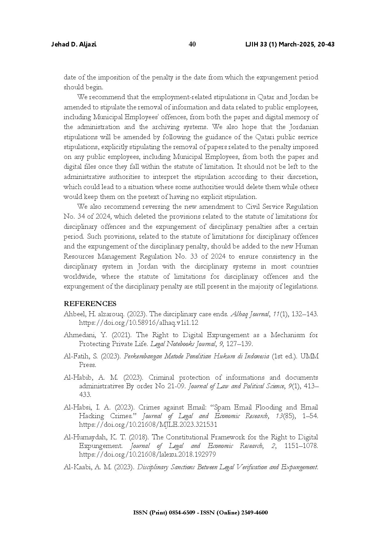 juris The right of local government employees to expungement of disciplinary offences processed digitally in Jordanian and Qatari legislation