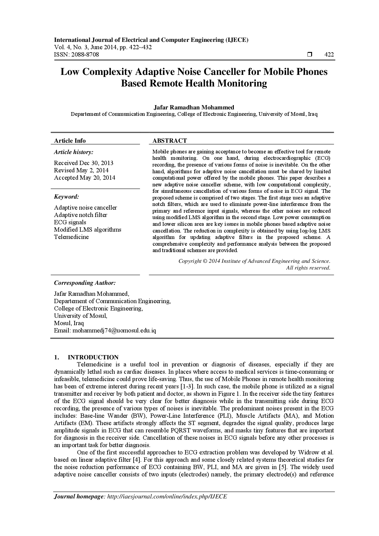 juris Low Complexity Adaptive Noise Canceller For Mobile Phones Based Remote Health Monitoring