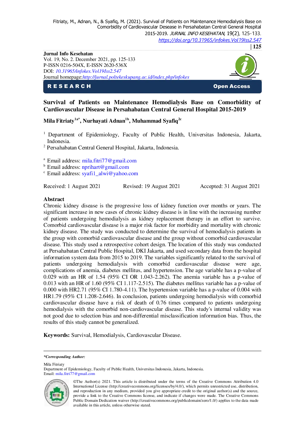 JURIS Survival of Patients on Maintenance Hemodialysis Base on Comorbidity of Cardiovascular Disease in Persahabatan Central General Hospital 2015 2019