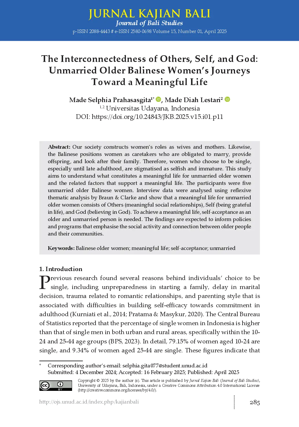 juris The Interconnectedness of Others Self and God Unmarried Older Balinese Women s Journeys Toward a Meaningful Life