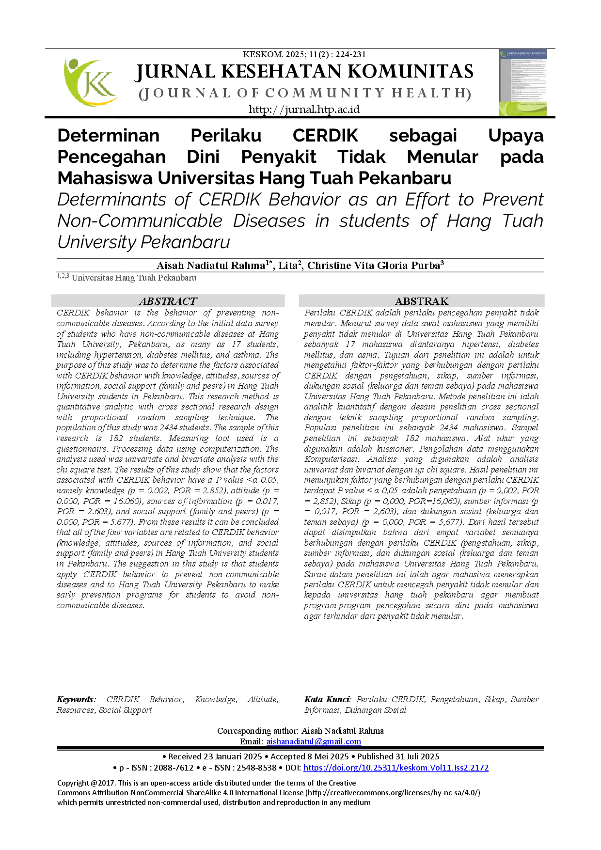 juris Determinants Of Cerdik Behavior As An Effort To Prevent Non Communicable Diseases In Students Determinan Perilaku Cerdik Sebagai Upaya Pencegahan Dini Penyakit Tidak Menular