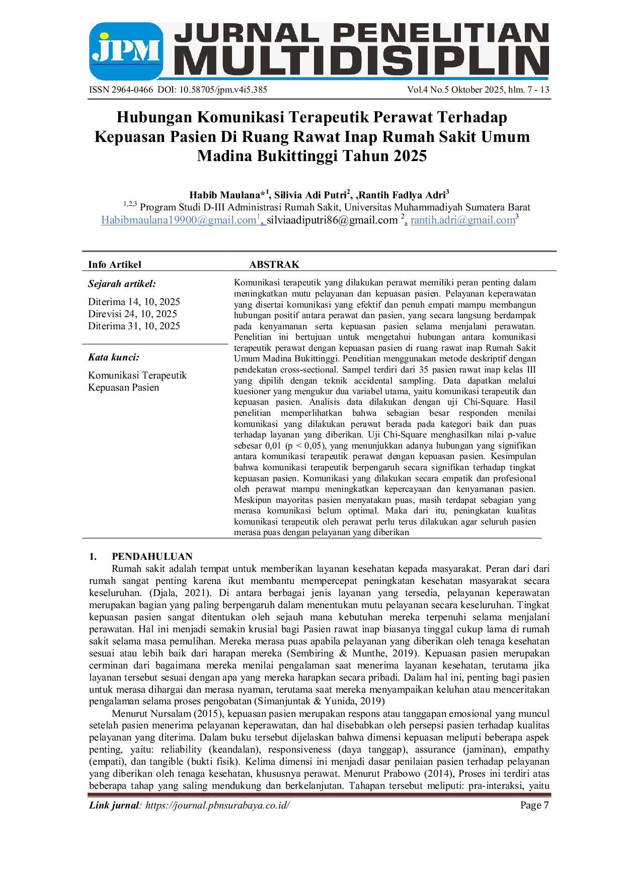JURIS Hubungan Komunikasi Terapeutik Perawat Terhadap Kepuasan Pasien Di Ruang Rawat Inap Rumah Sakit Umum Madina Bukittinggi Tahun 2025