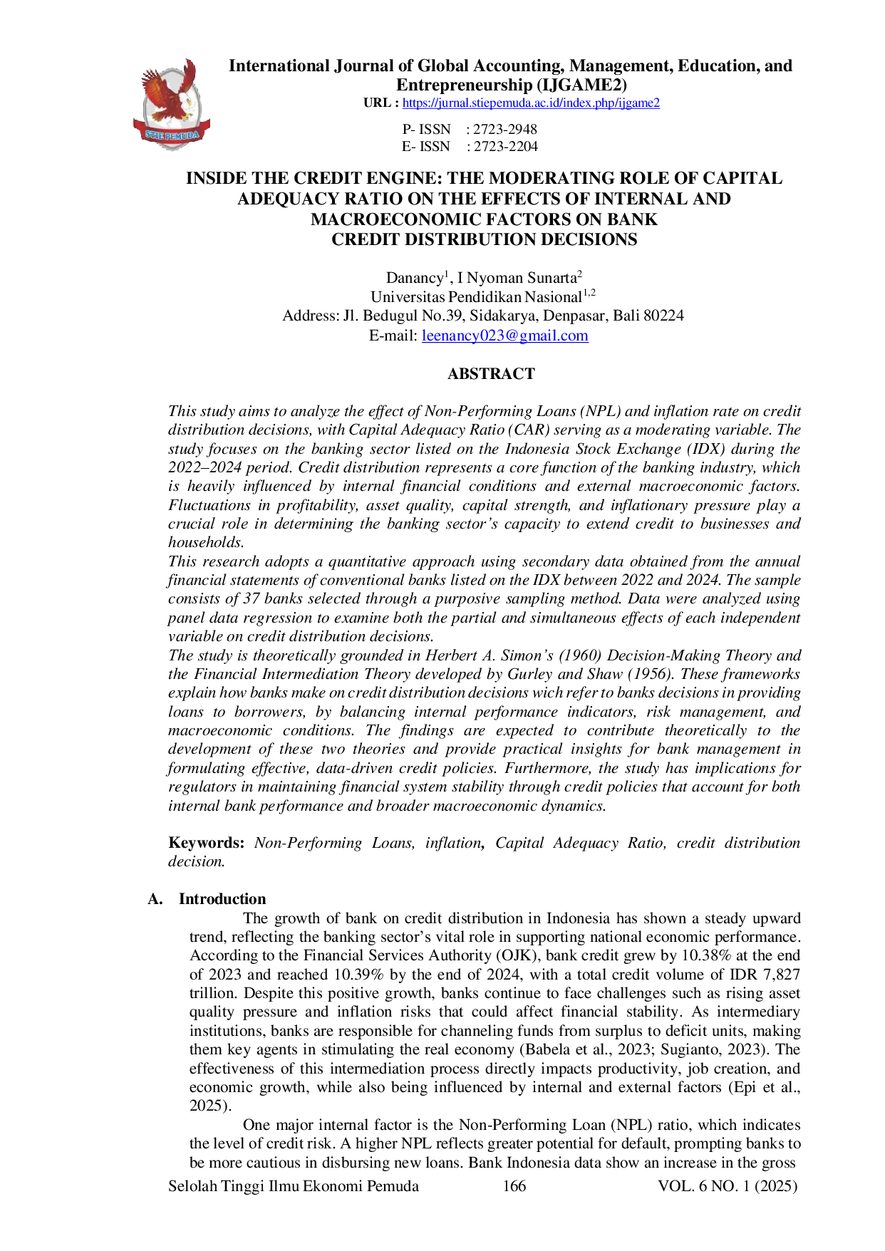 JURIS Inside the Credit Engine The Moderating Role of Capital Adequacy Ratio on the Effects of Internal and Macroeconomic Factors on Bank Credit Distribution Decisions