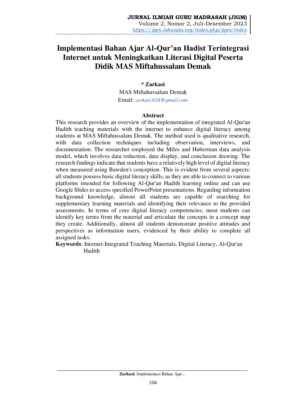 JURIS Implementasi Bahan Ajar Al Qur an Hadist Terintegrasi Internet untuk Meningkatkan Literasi Digital Peserta Didik MAS Miftahussalam Demak