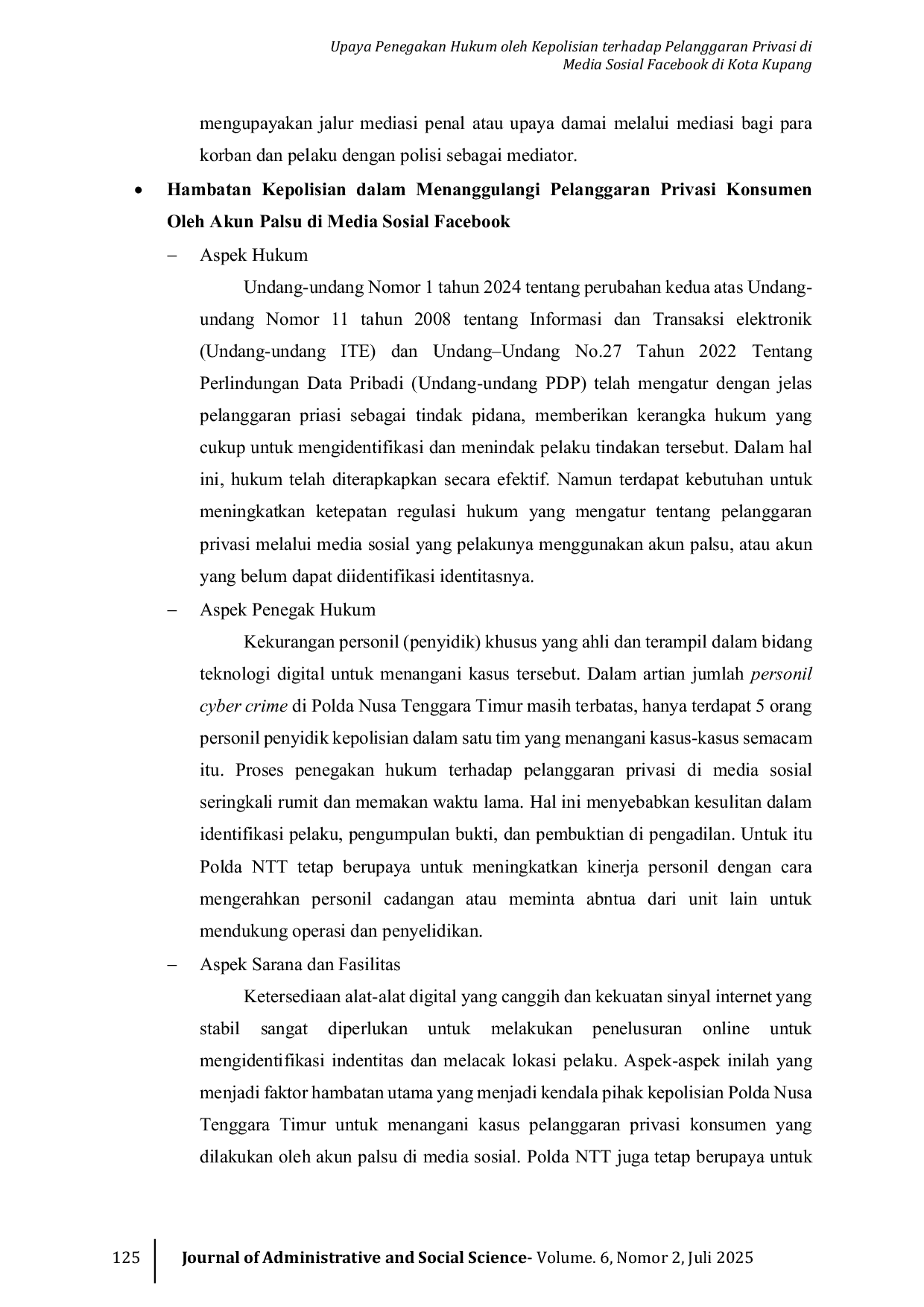 JURIS Upaya Penegakan Hukum oleh Kepolisian terhadap Pelanggaran Privasi di Media Sosial Facebook di Kota Kupang