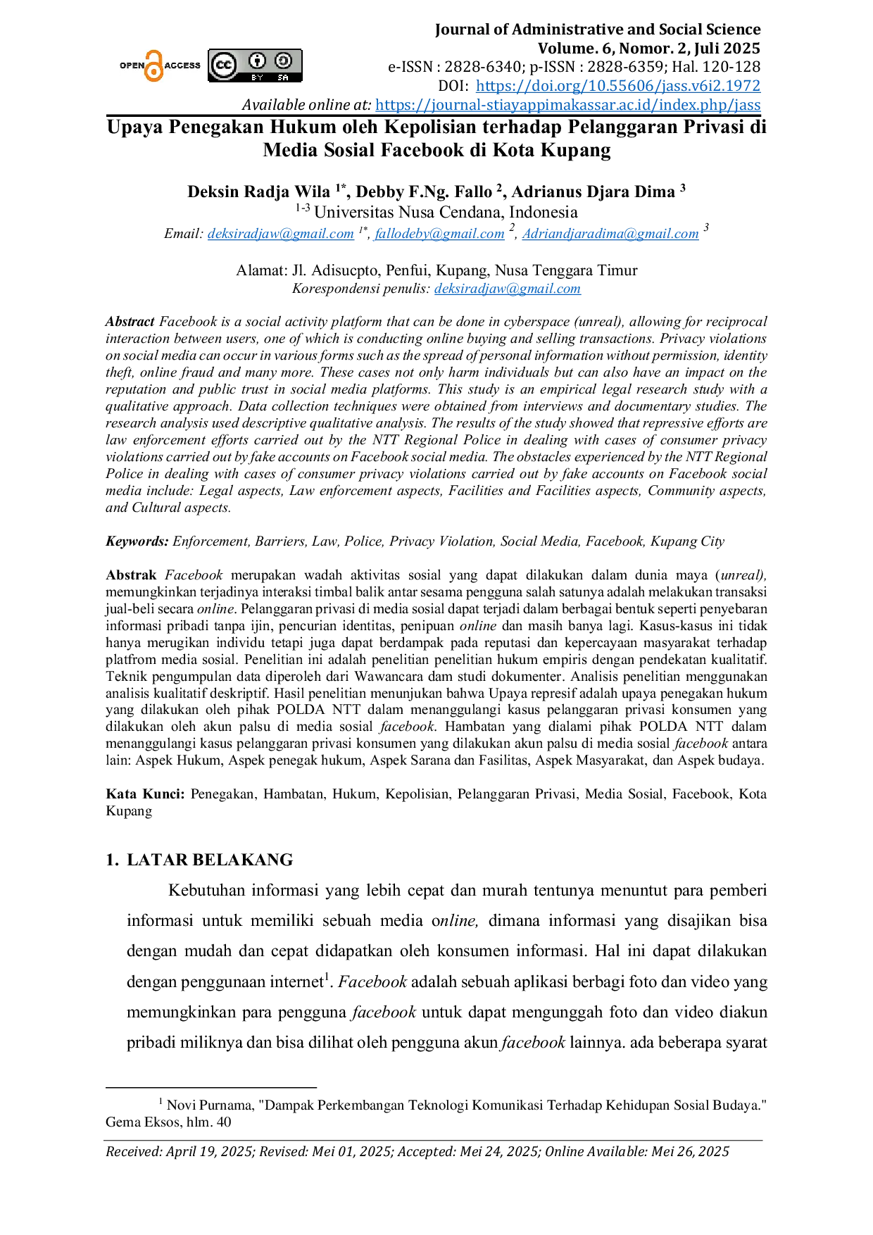JURIS Upaya Penegakan Hukum oleh Kepolisian terhadap Pelanggaran Privasi di Media Sosial Facebook di Kota Kupang