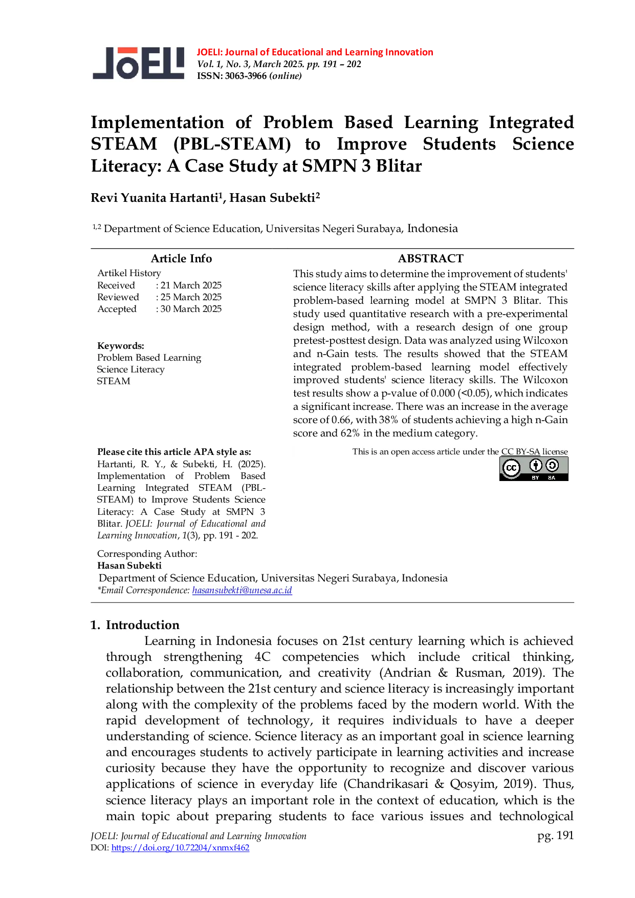 JURIS Implementation of Problem Based Learning Integrated STEAM PBL STEAM to Improve Students Science Literacy A Case Study at SMPN 3 Blitar
