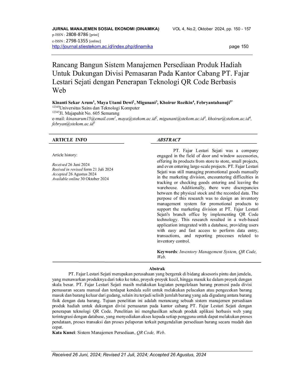 JURIS Rancang Bangun Sistem Manajemen Persediaan Produk Hadiah Untuk Dukungan Divisi Pemasaran Pada Kantor Cabang PT Fajar Lestari Sejati Dengan Penerapan Teknologi QR Code Berbasis Web