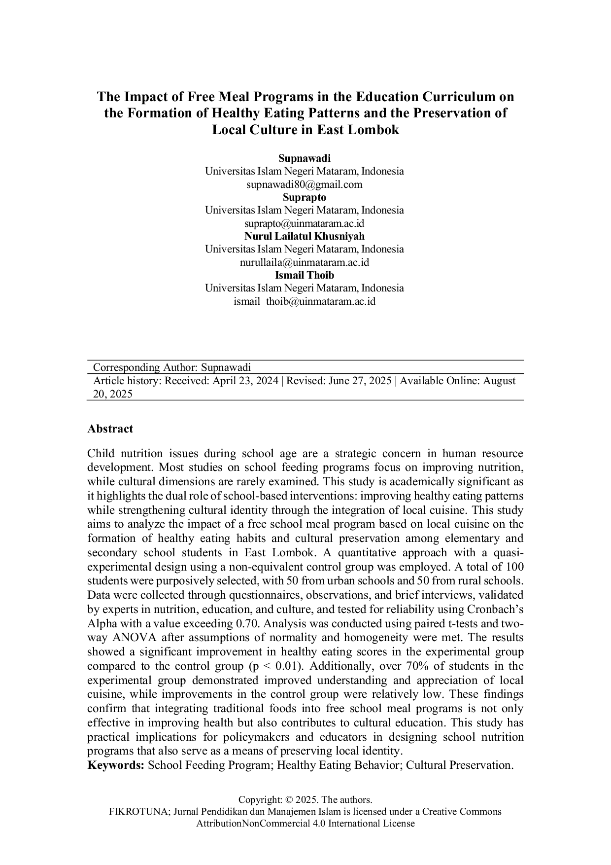 JURIS The Impact of Free Meal Programs in the Education Curriculum on the Formation of Healthy Eating Patterns and the Preservation of Local Culture in East Lombok