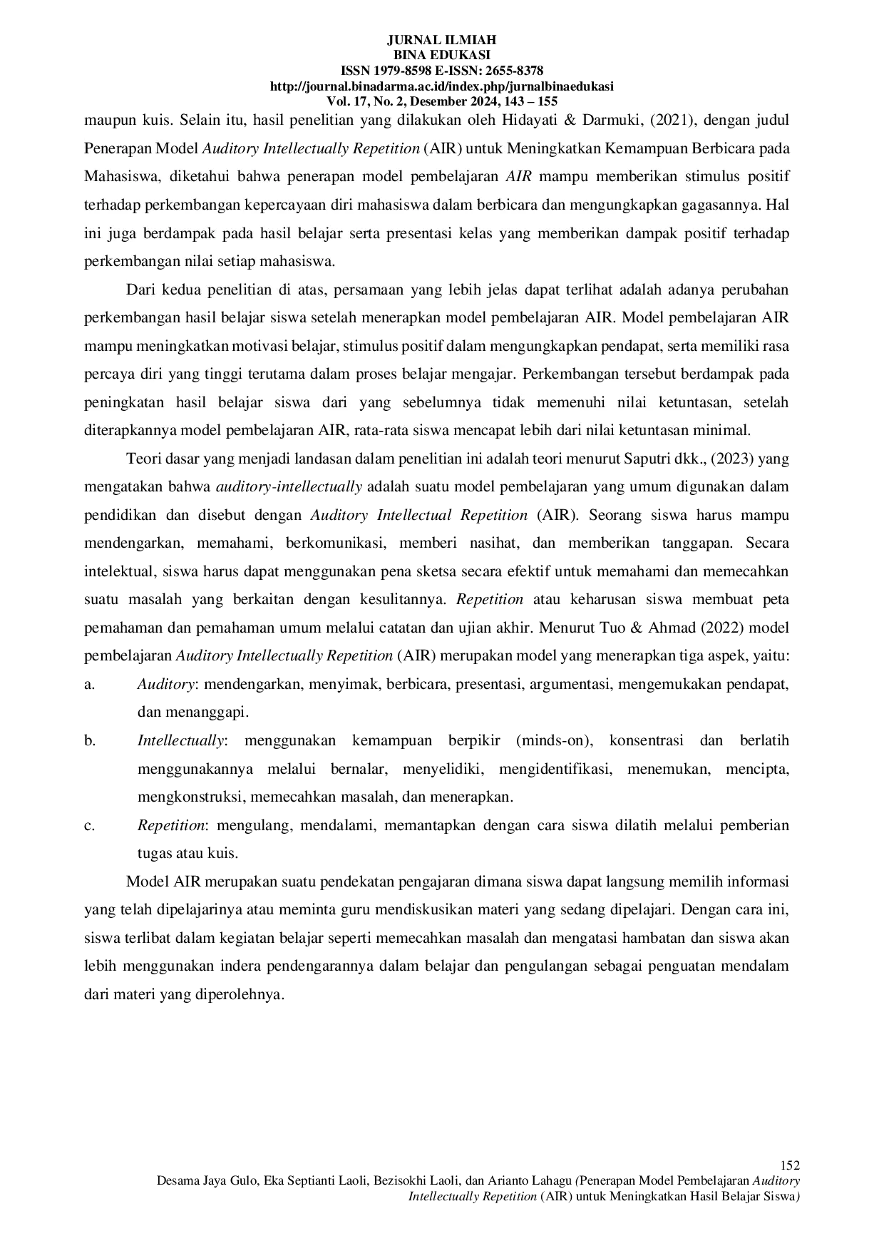 JURIS Penerapan Model Pembelajaran Auditory Intellectually Repetition AIR Untuk Meningkatkan Hasil Belajar Siswa