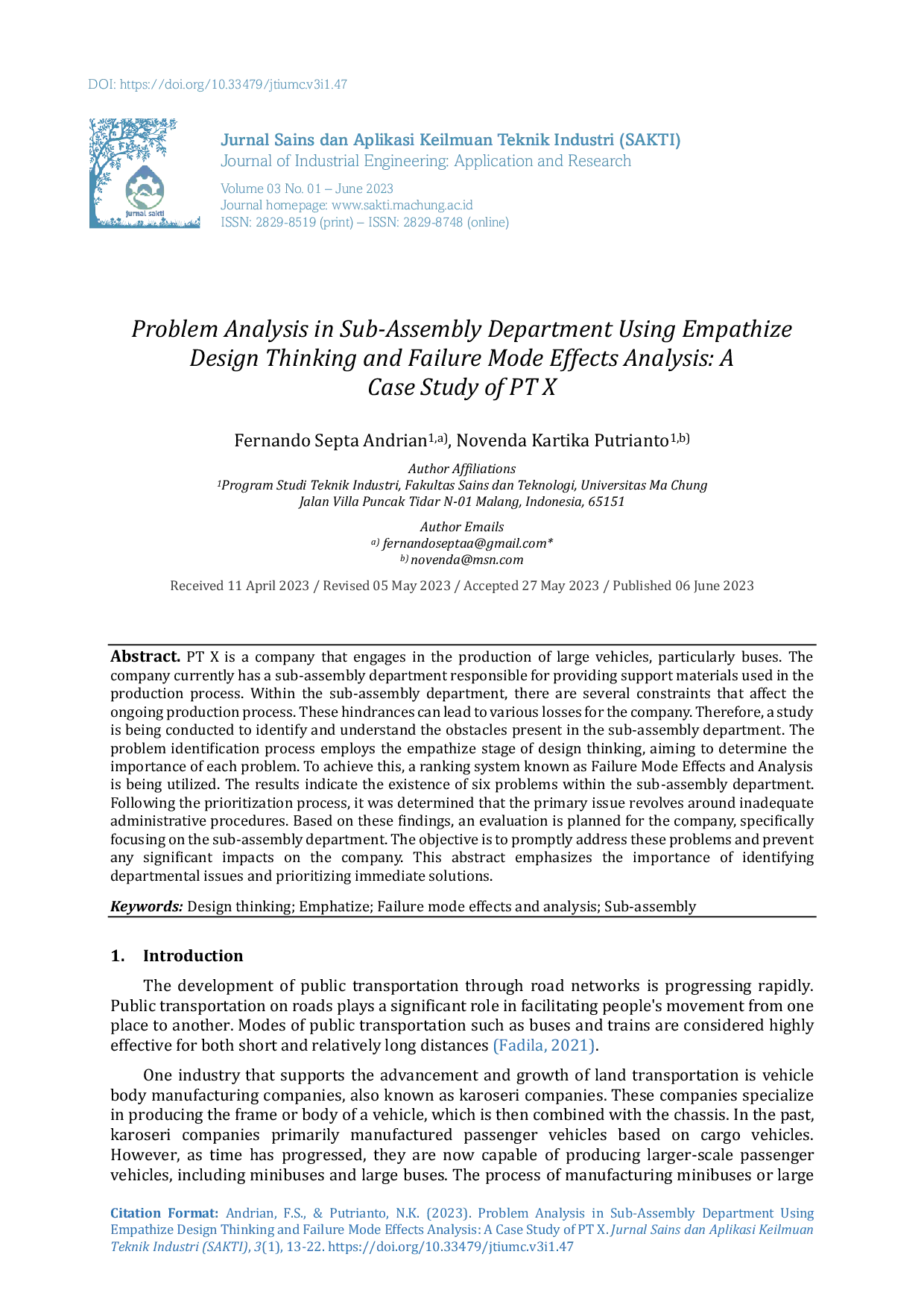 JURIS Problem Analysis in Sub Assembly Department Using Empathize Design Thinking and Failure Mode Effects Analysis A Case Study of PT X