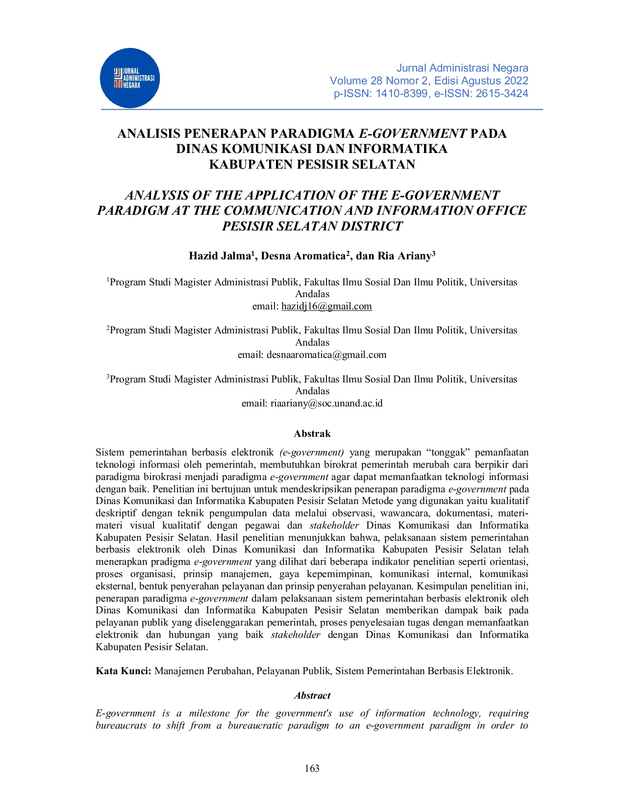 JURIS Analisis Penerapan Paradigma E Government Pada Dinas Komunikasi Dan Informatika Kabupaten Pesisir Selatan